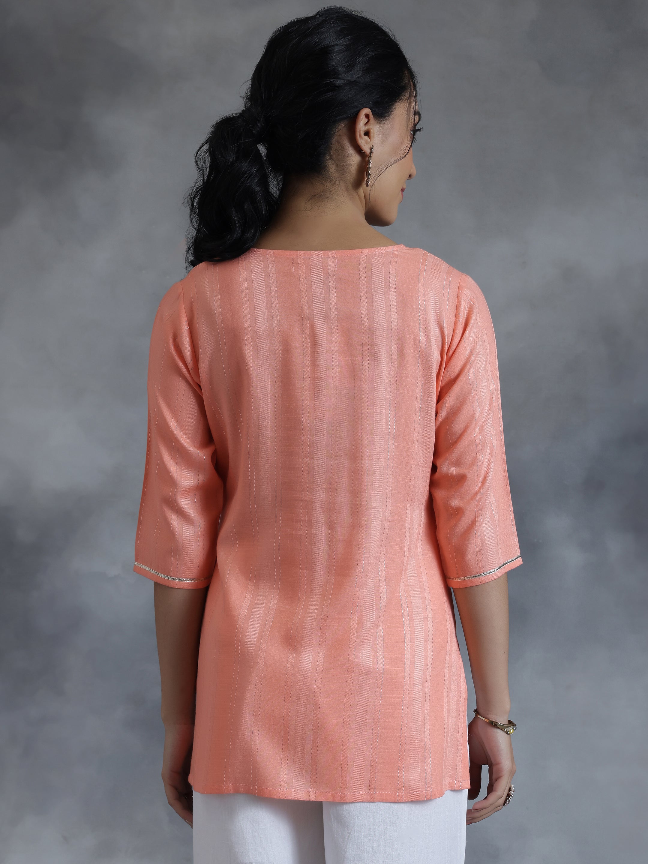 Peach Woven Design Rayon Straight Kurti