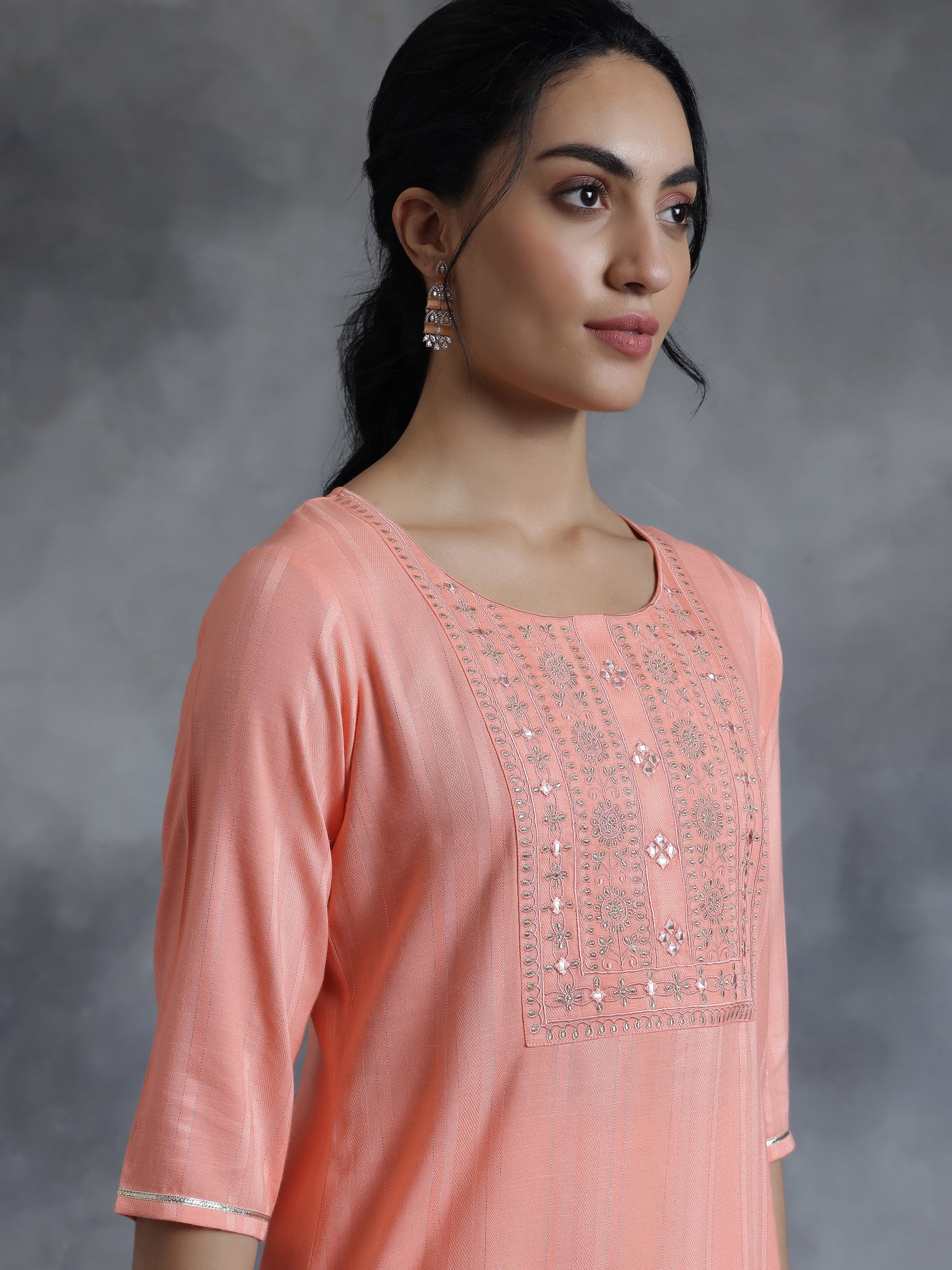 Peach Woven Design Rayon Straight Kurti