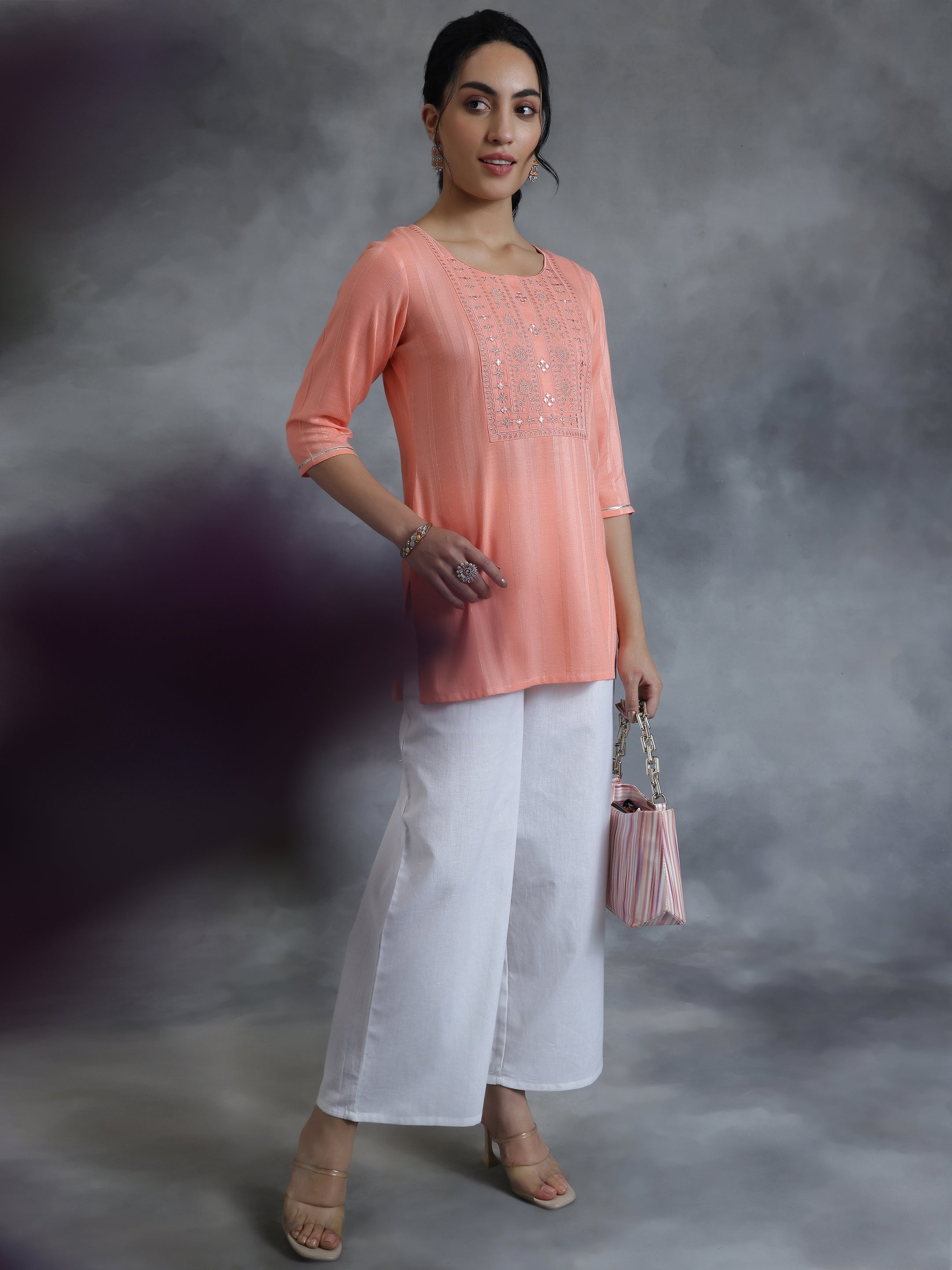 Peach Woven Design Rayon Straight Kurti