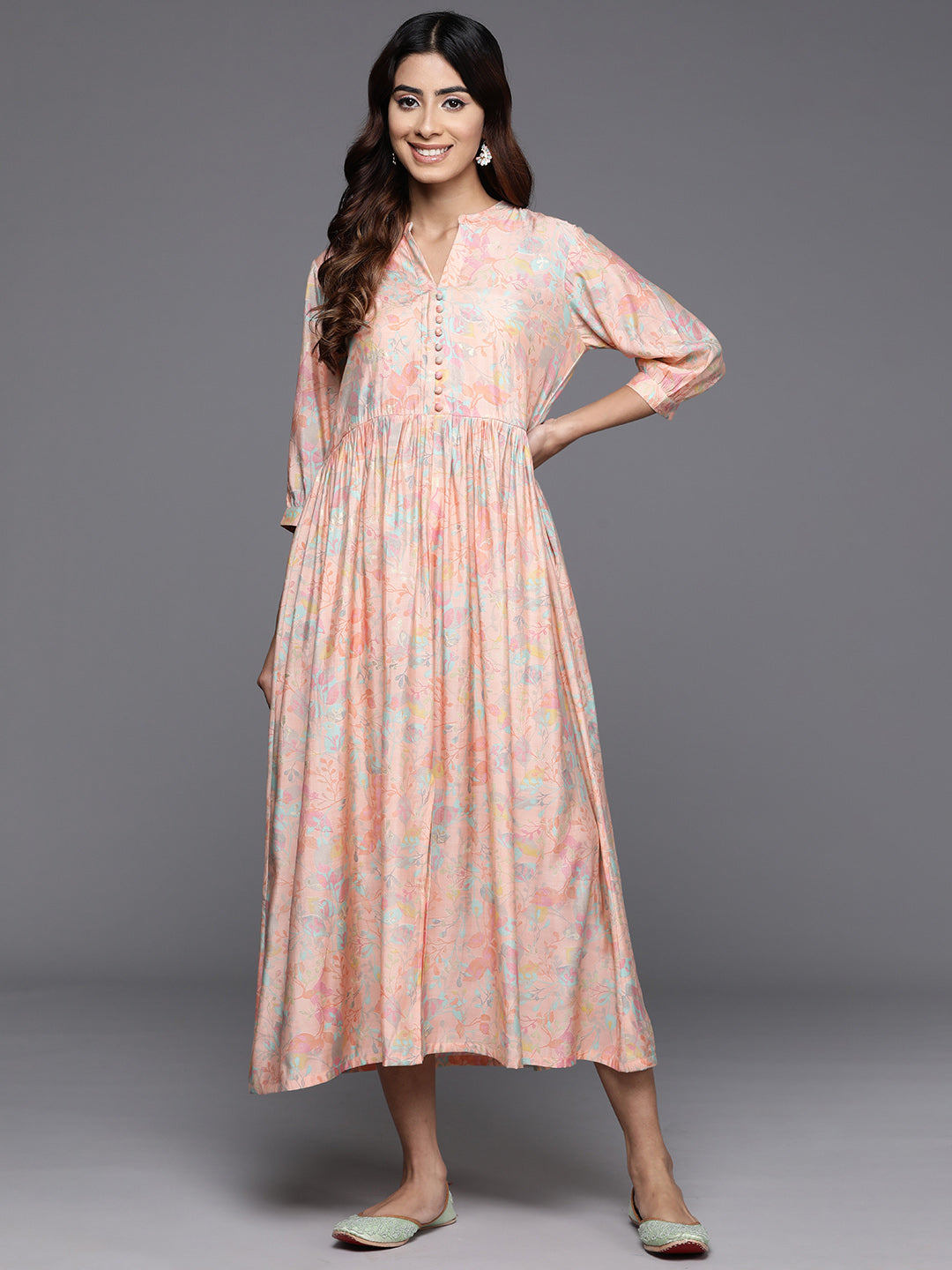 Peach Printed Silk Fit and Flare Dress