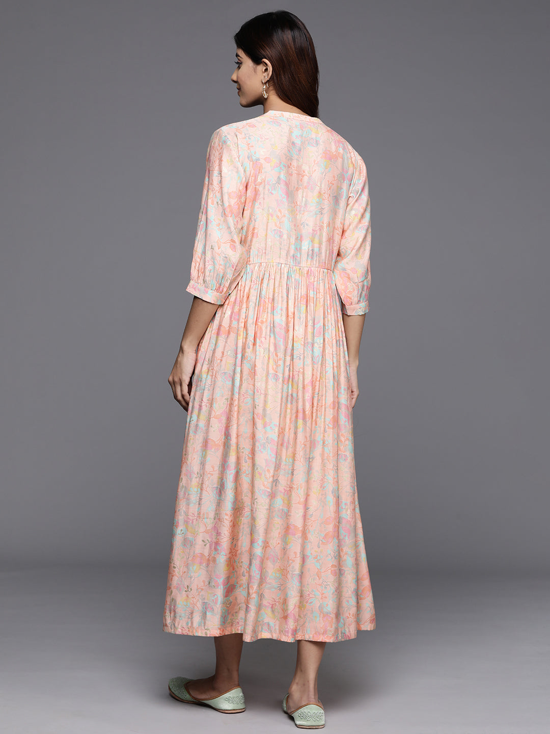 Peach Printed Silk Fit and Flare Dress