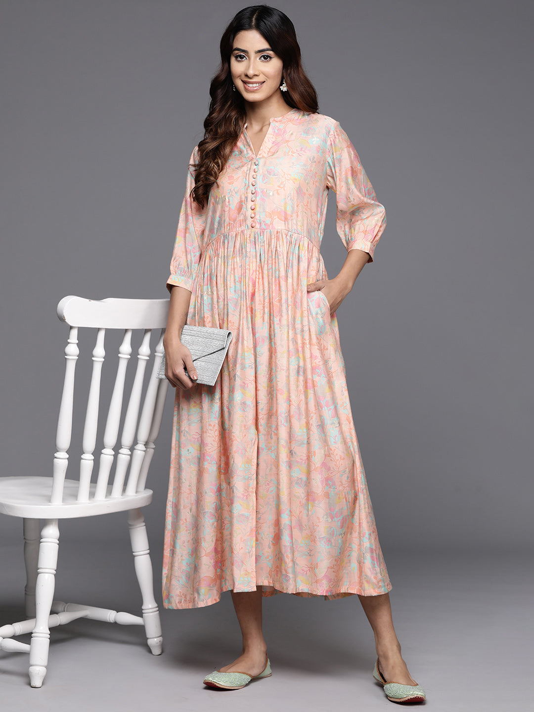 Peach Printed Silk Fit and Flare Dress