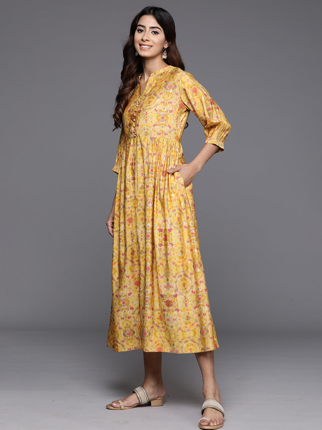 Yellow Printed Silk Fit and Flare Dress