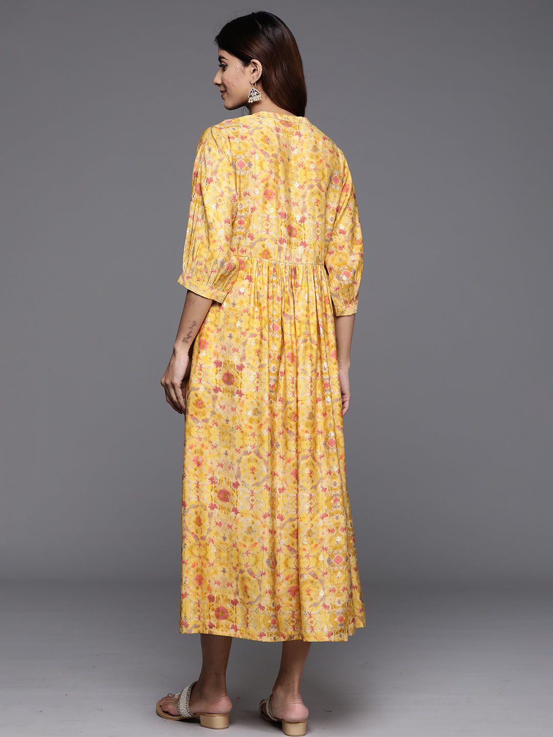 Yellow Printed Silk Fit and Flare Dress