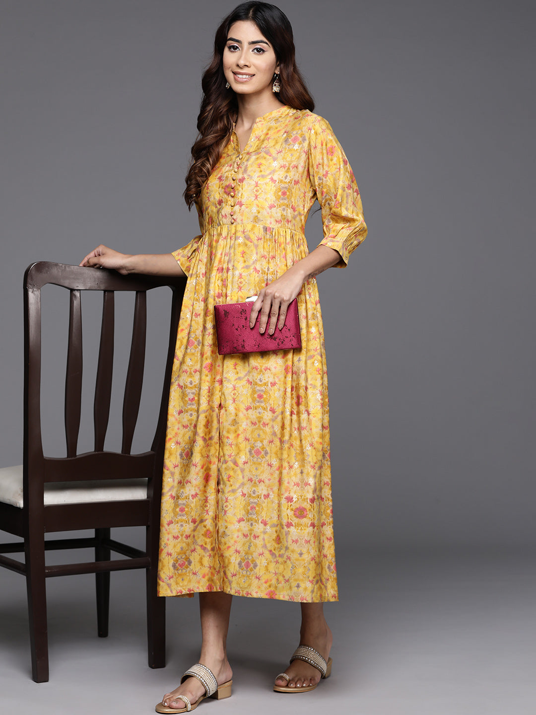 Yellow Printed Silk Fit and Flare Dress