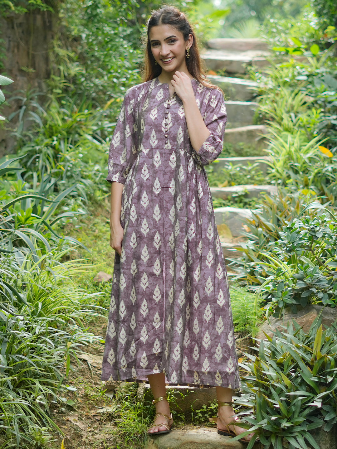 Mauve Printed Silk Fit and Flare Dress