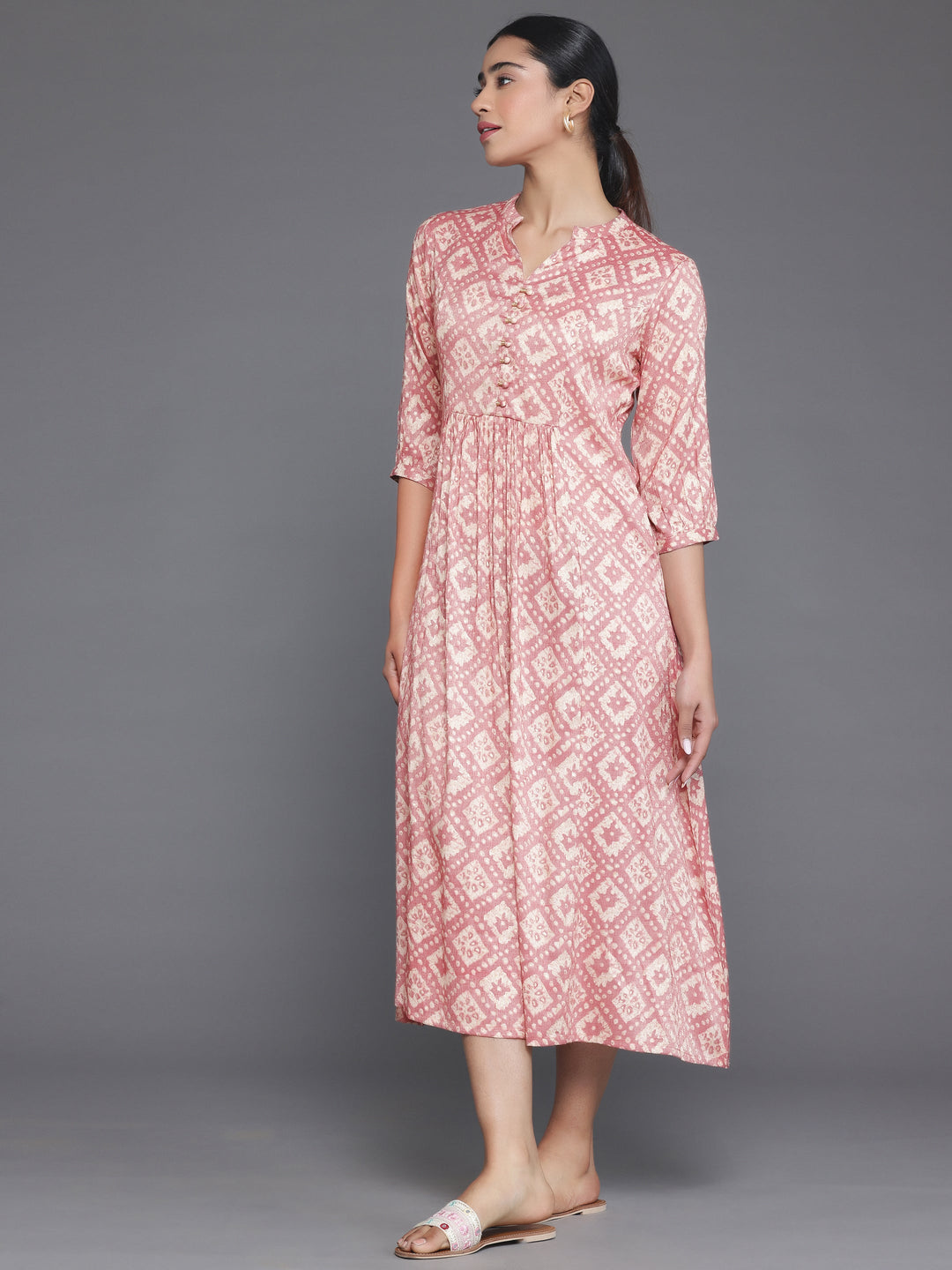 Peach Printed Silk A-Line Dress