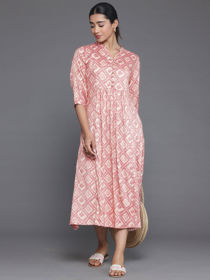 Peach Printed Silk A-Line Dress