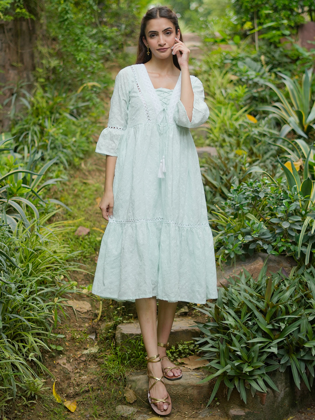 Sea Green Embroidered Cotton Fit and Flare Dress