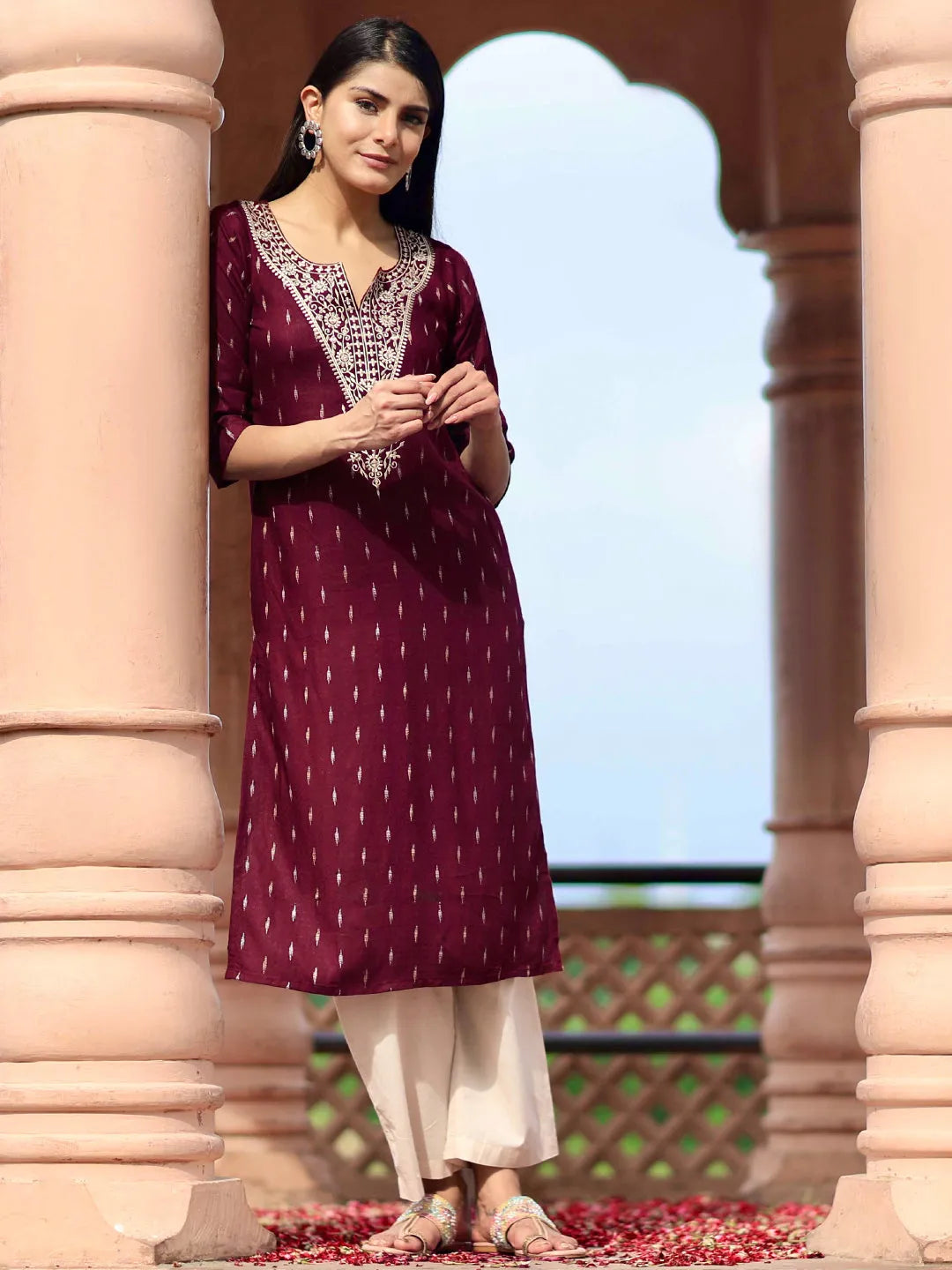 Maroon Woven Design Cotton Straight Kurta