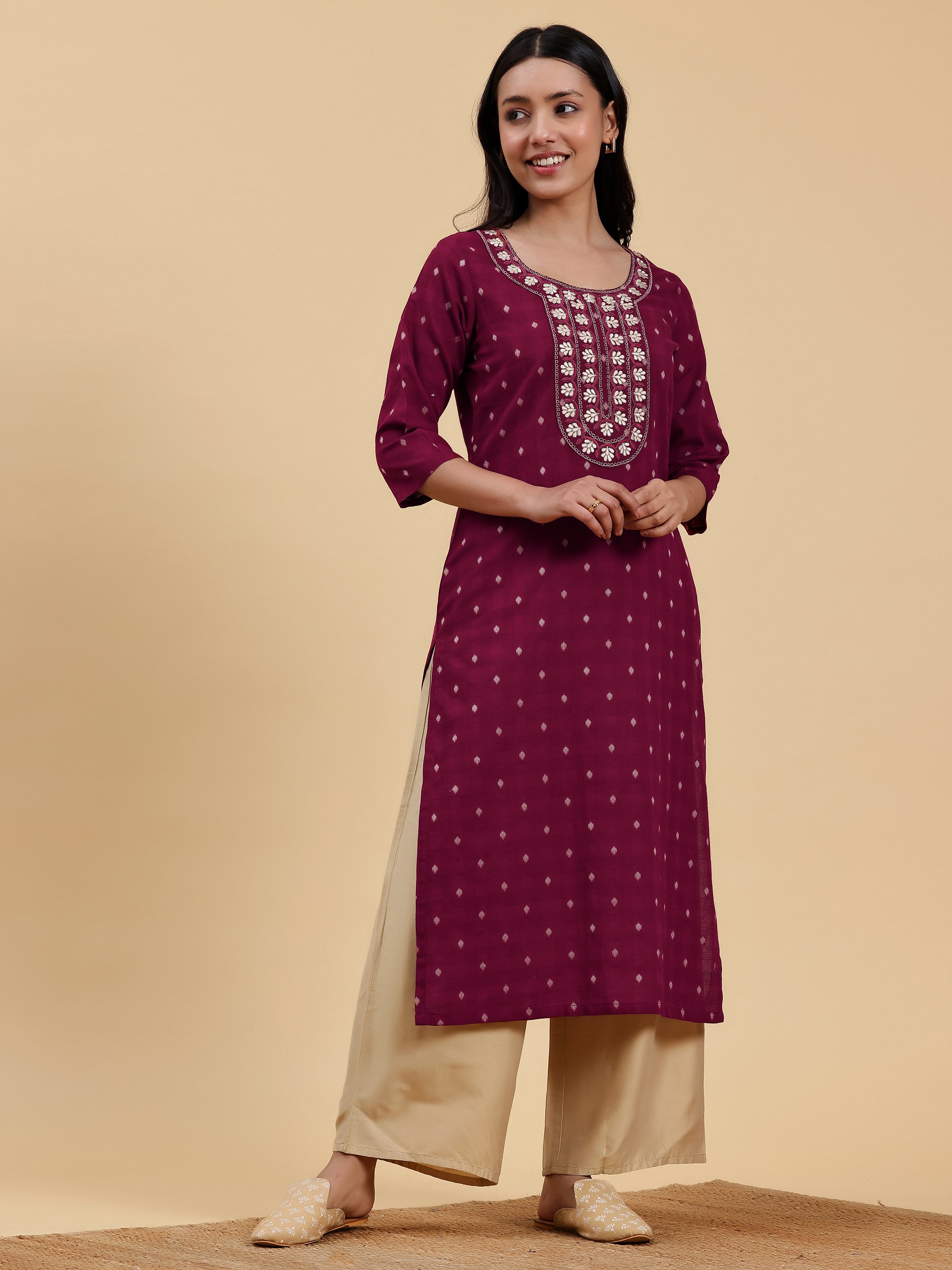 Maroon Embroidered Cotton Straight Kurta