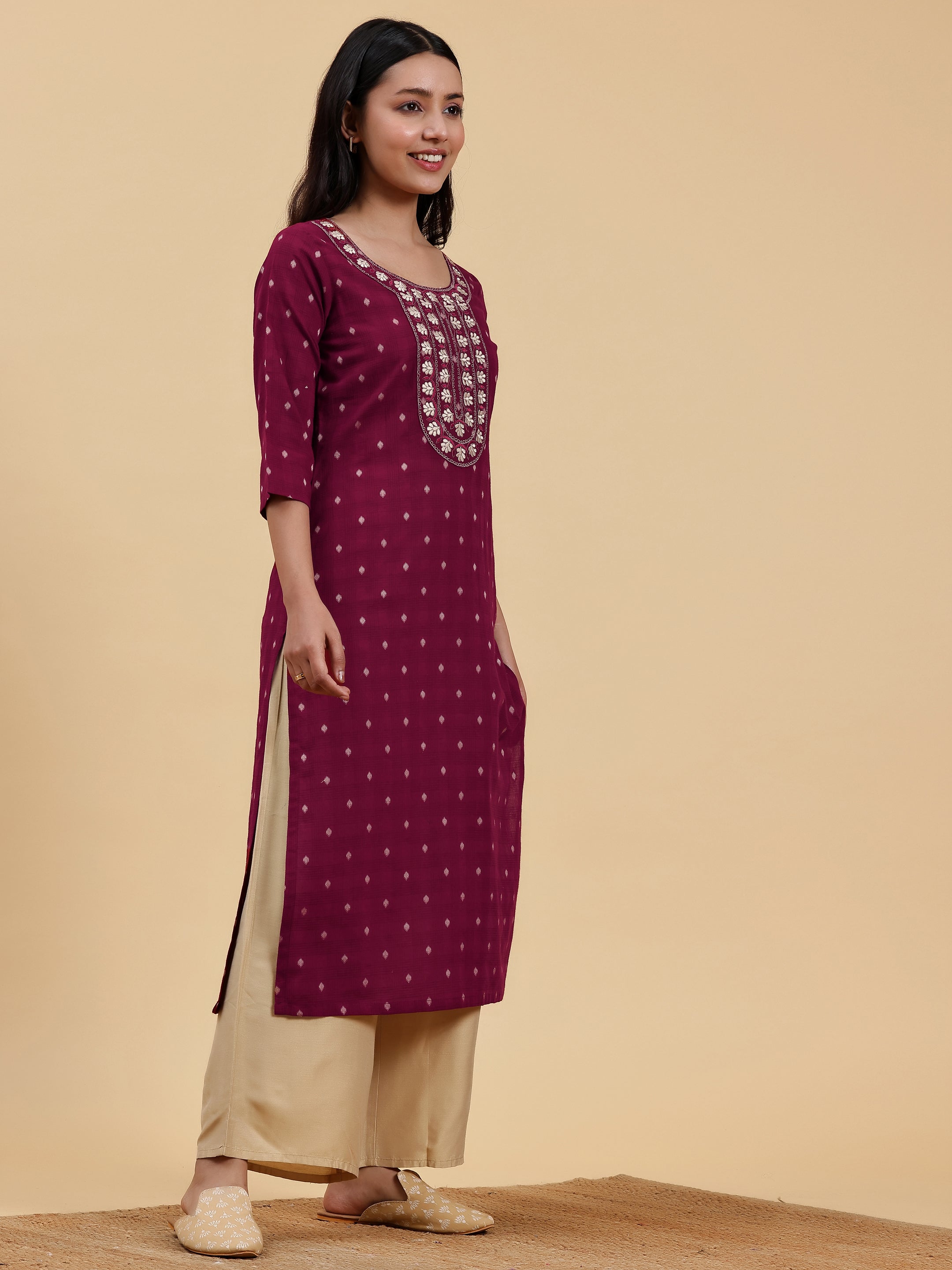 Maroon Embroidered Cotton Straight Kurta