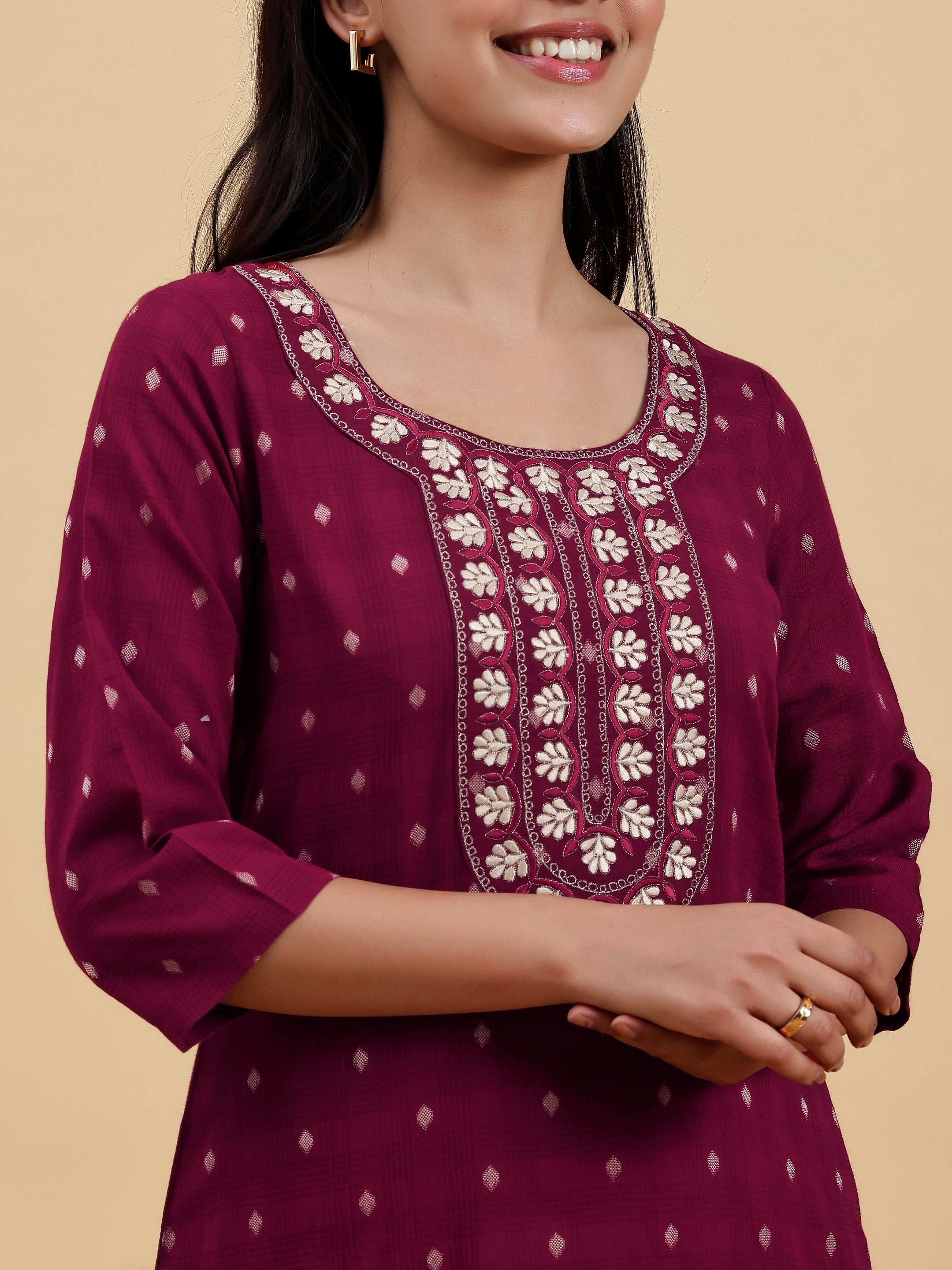 Maroon Embroidered Cotton Straight Kurta