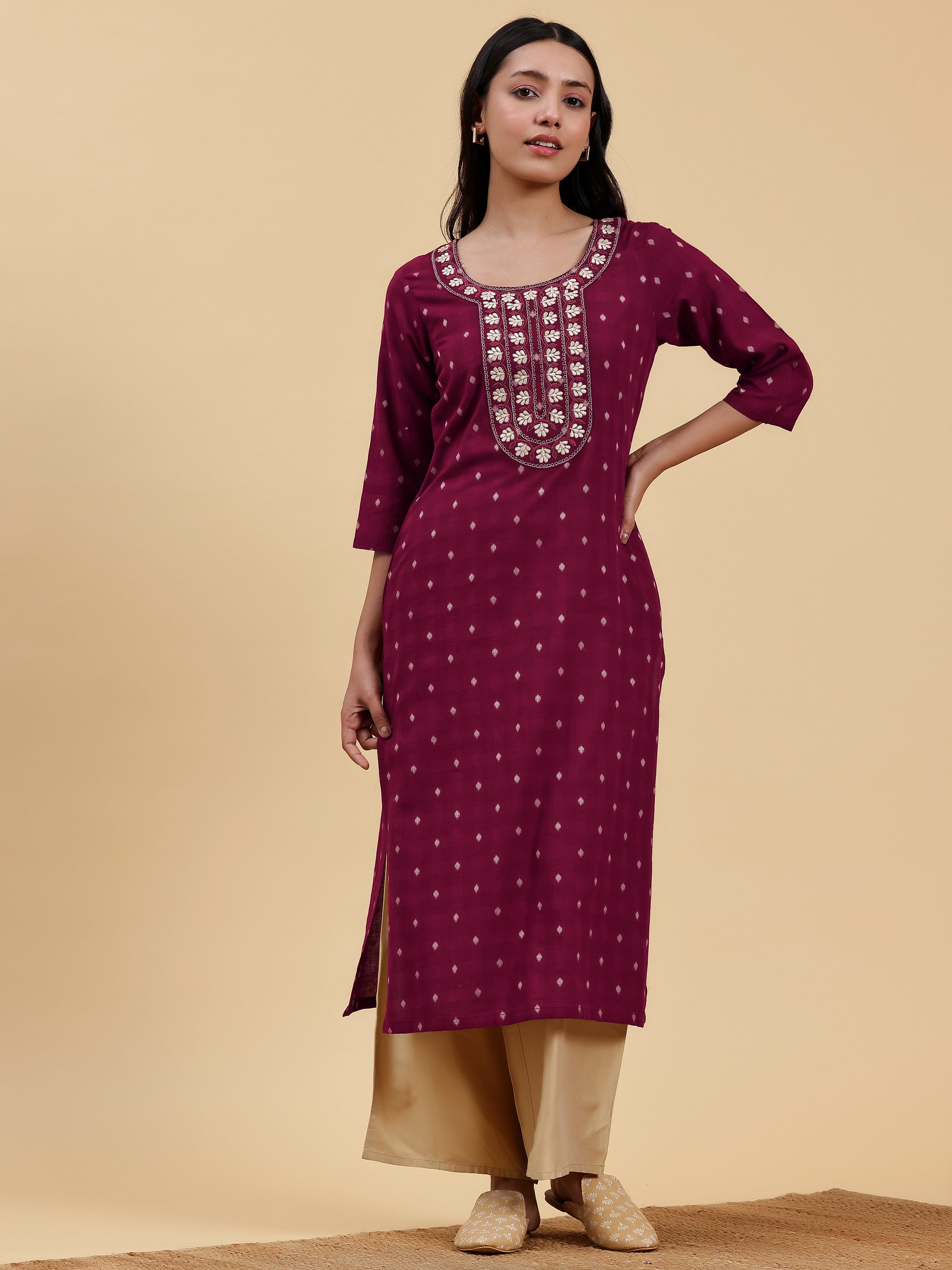 Maroon Embroidered Cotton Straight Kurta