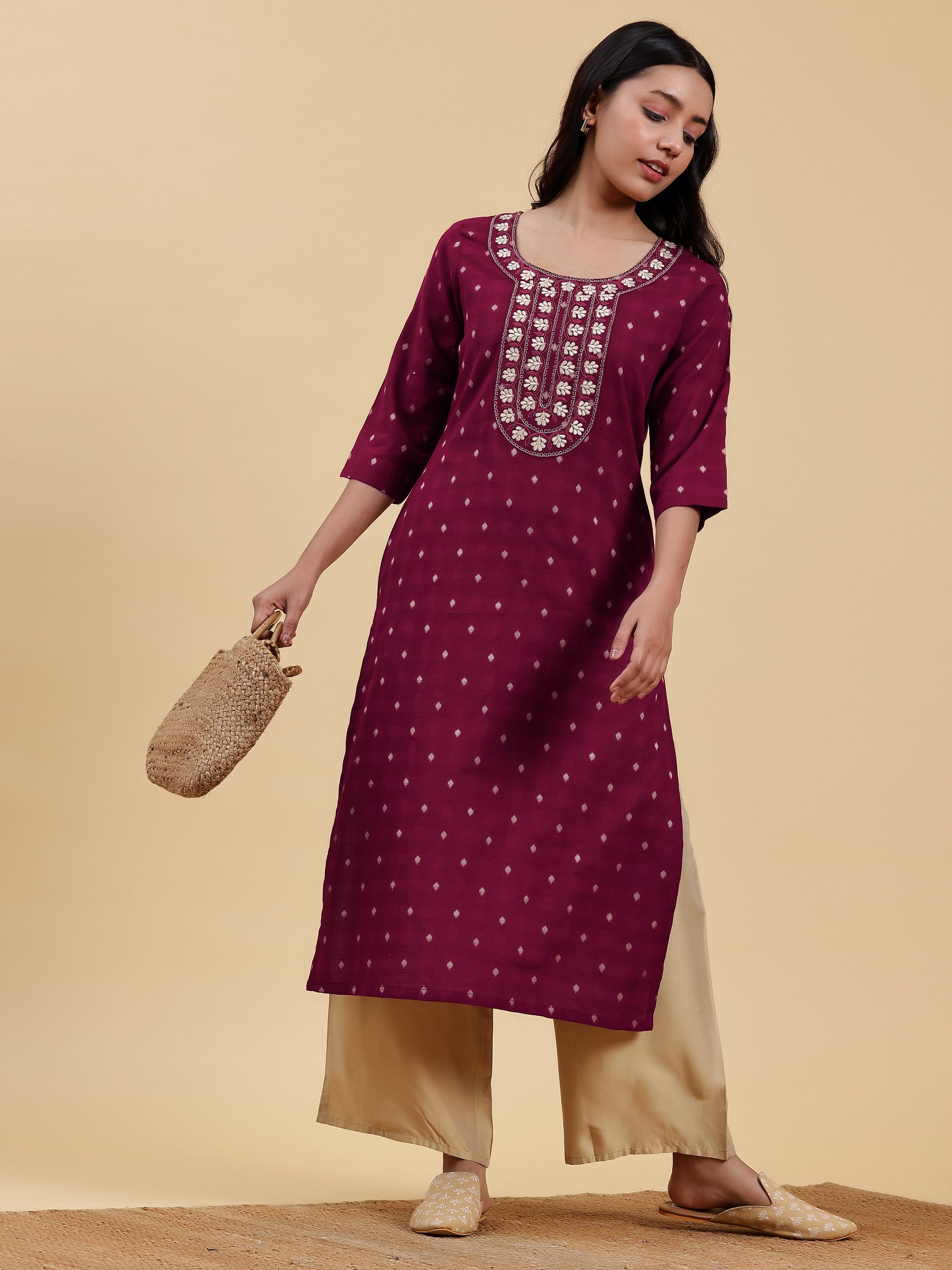 Maroon Embroidered Cotton Straight Kurta