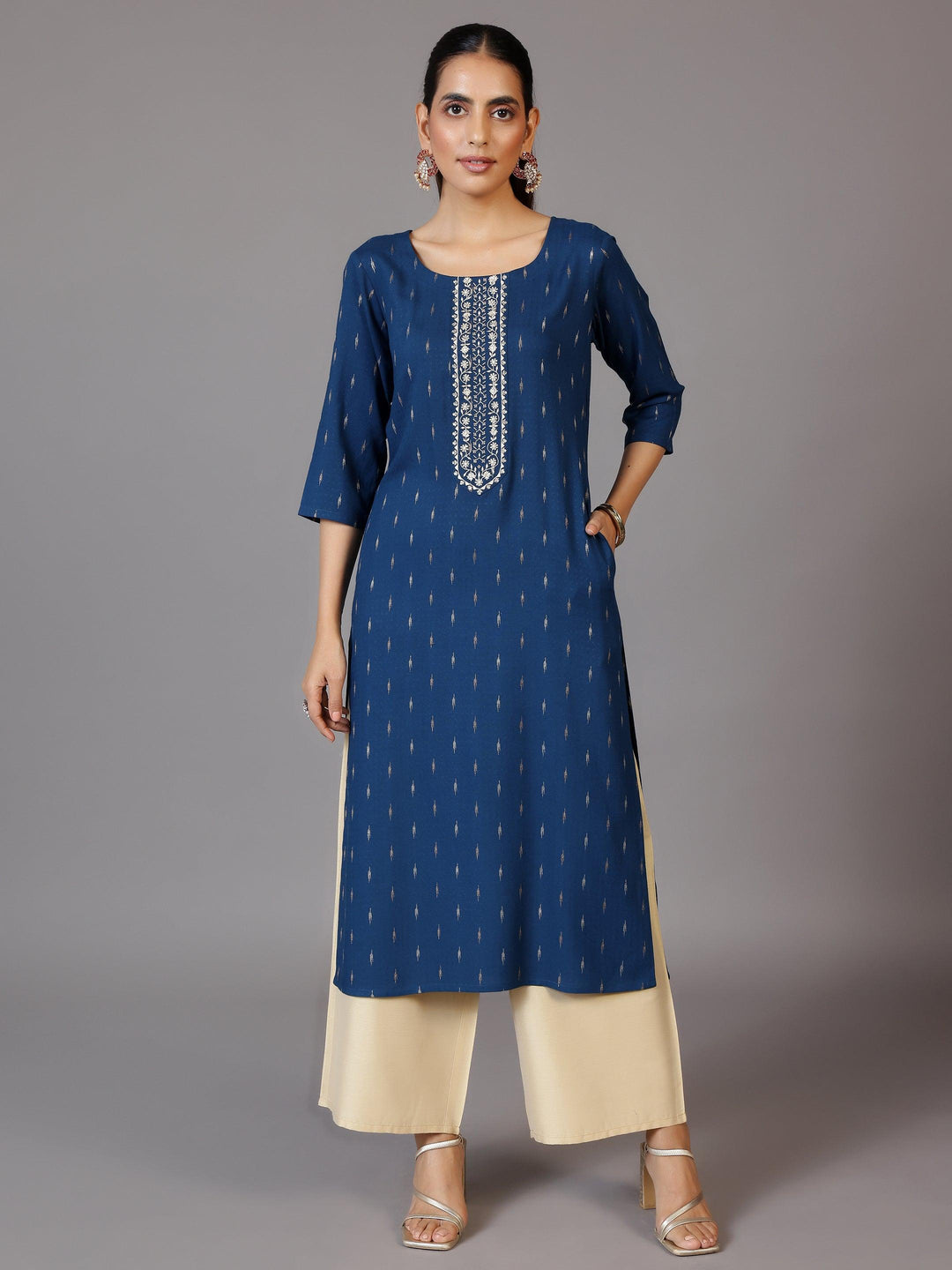 Blue Woven Design Cotton Straight Kurta - Libas