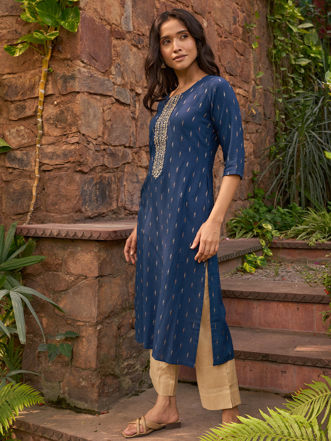 Blue Woven Design Cotton Straight Kurta