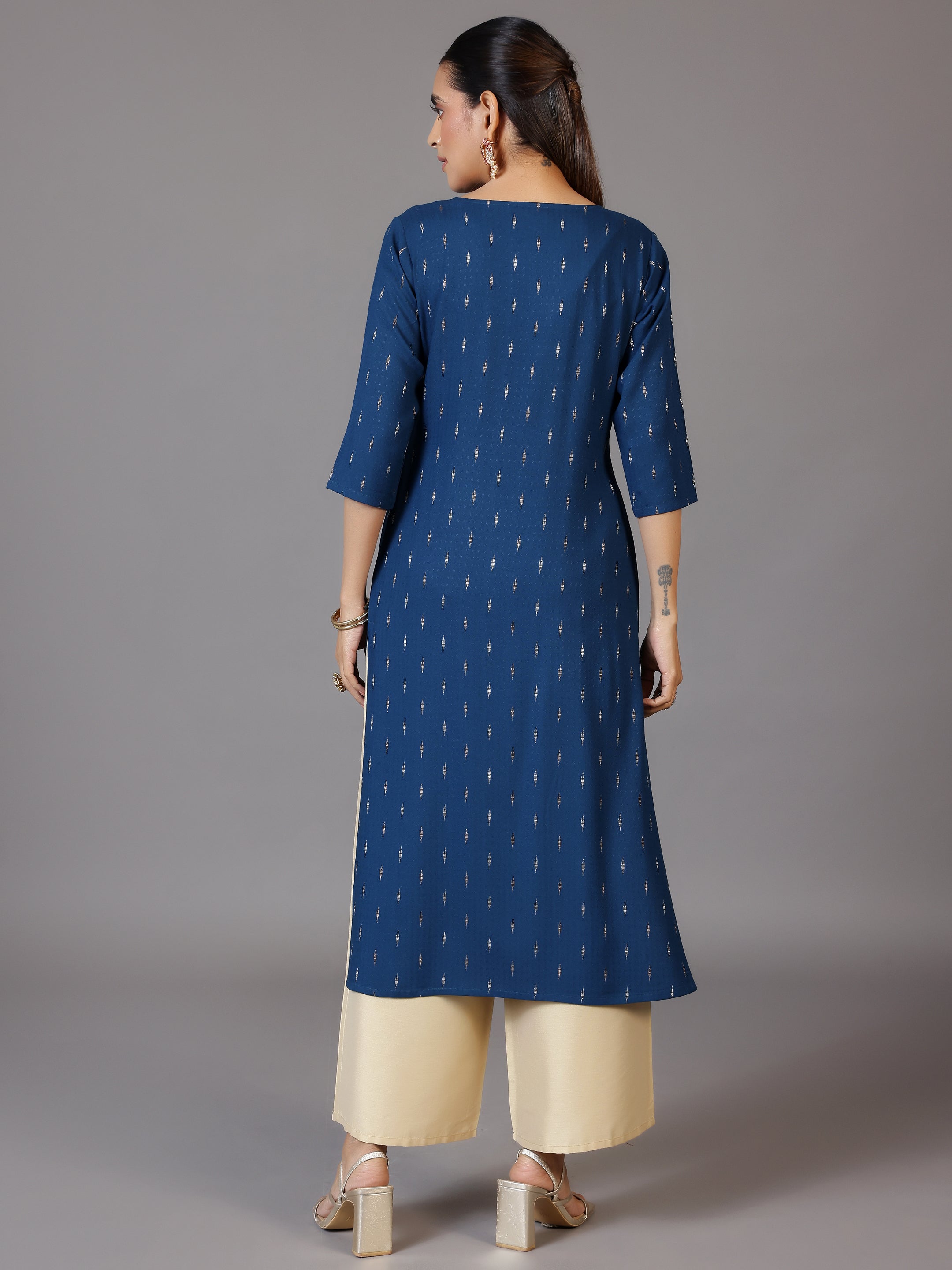 Blue Woven Design Cotton Straight Kurta