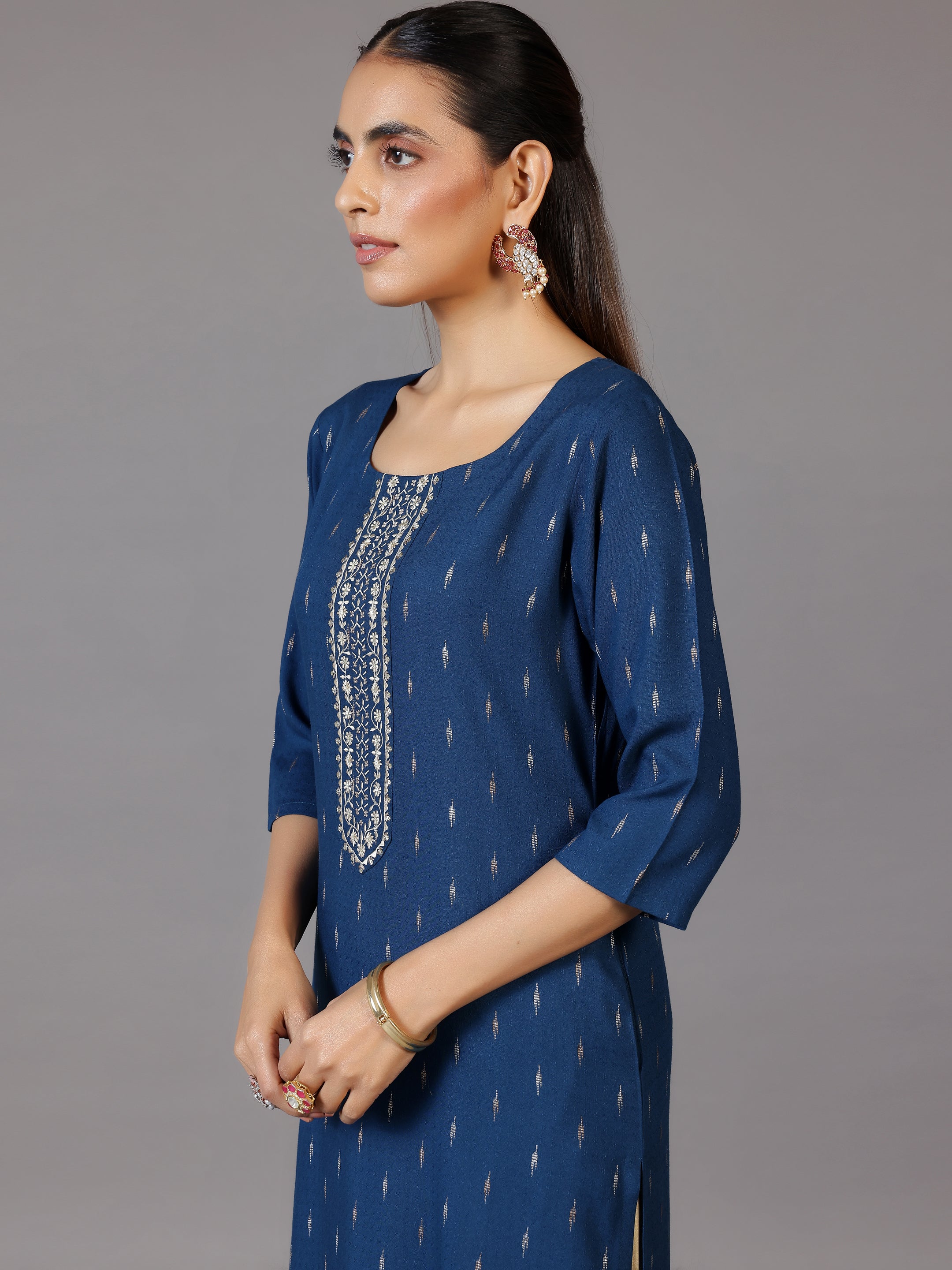 Blue Woven Design Cotton Straight Kurta