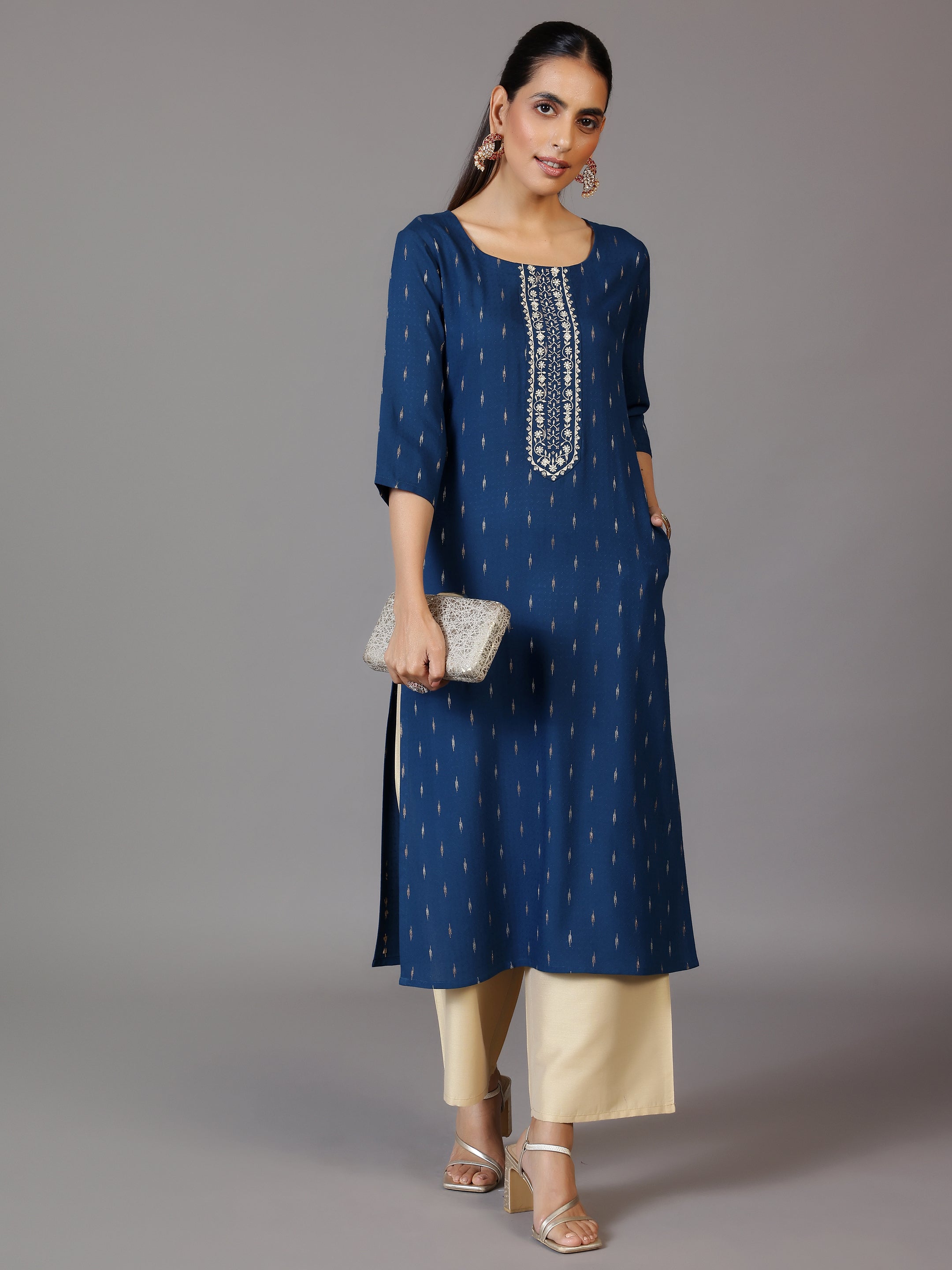 Blue Woven Design Cotton Straight Kurta