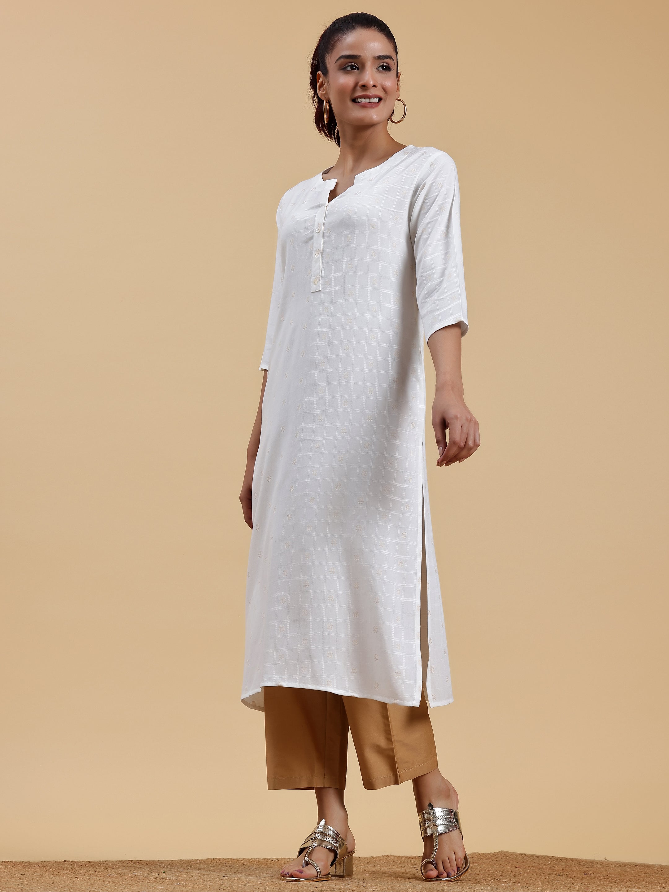 Cream Woven Design Rayon Straight Kurta