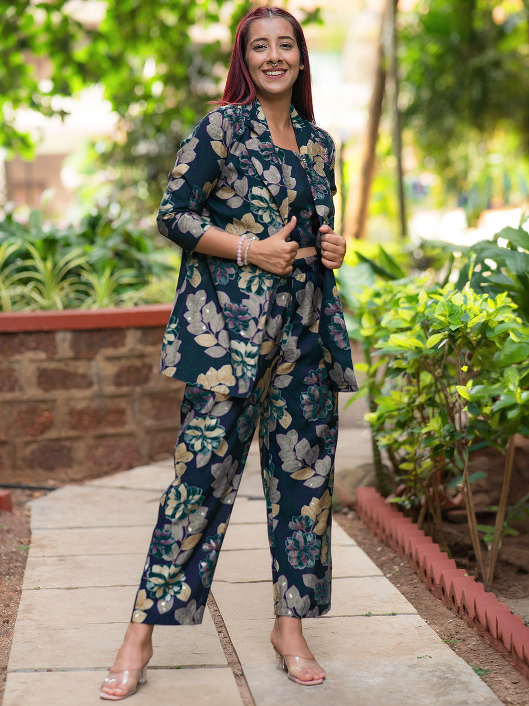 Navy Blue Printed Silk Blend 3 Piece Co-Ords