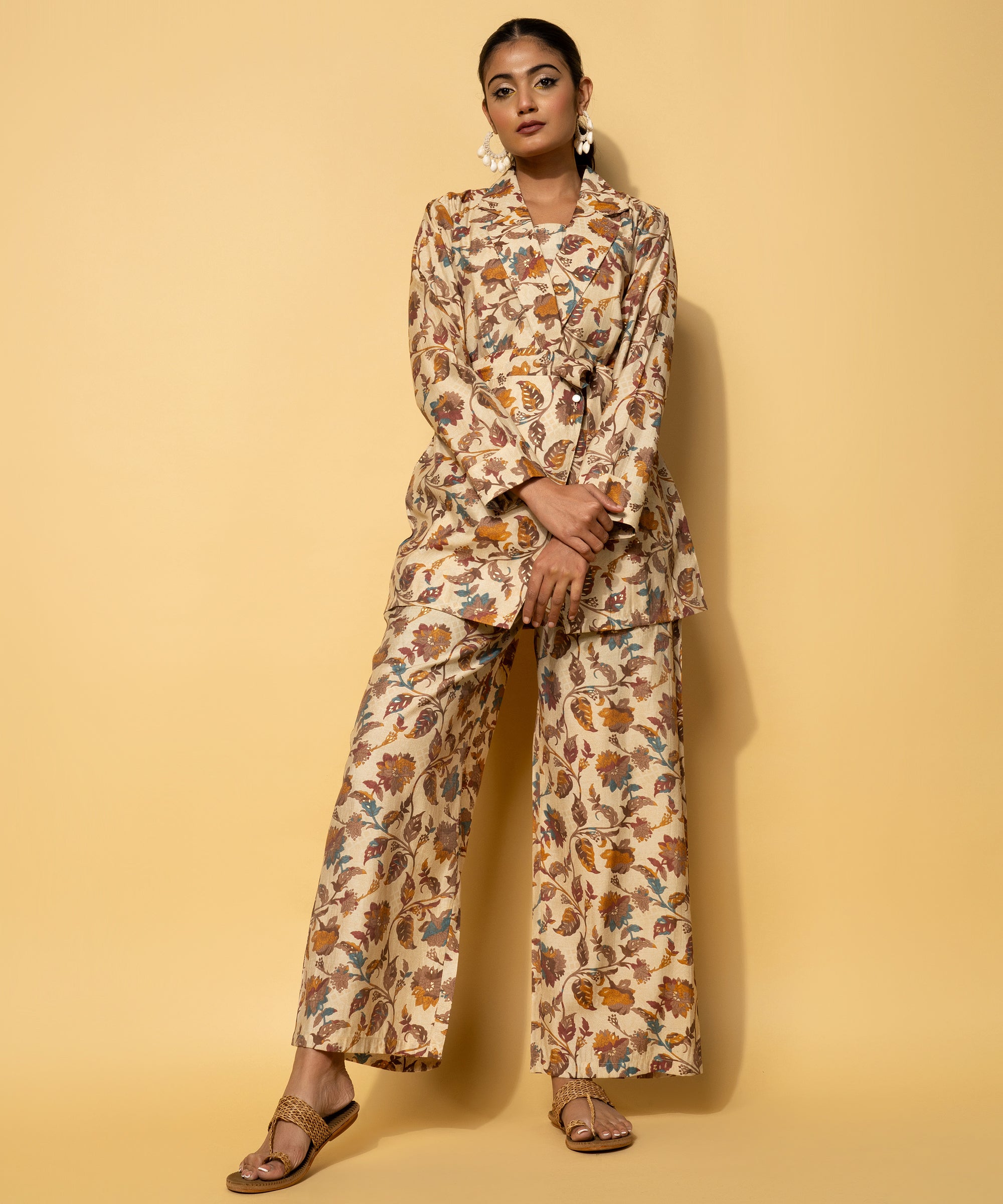 Beige Printed Silk Blend Co-Ords