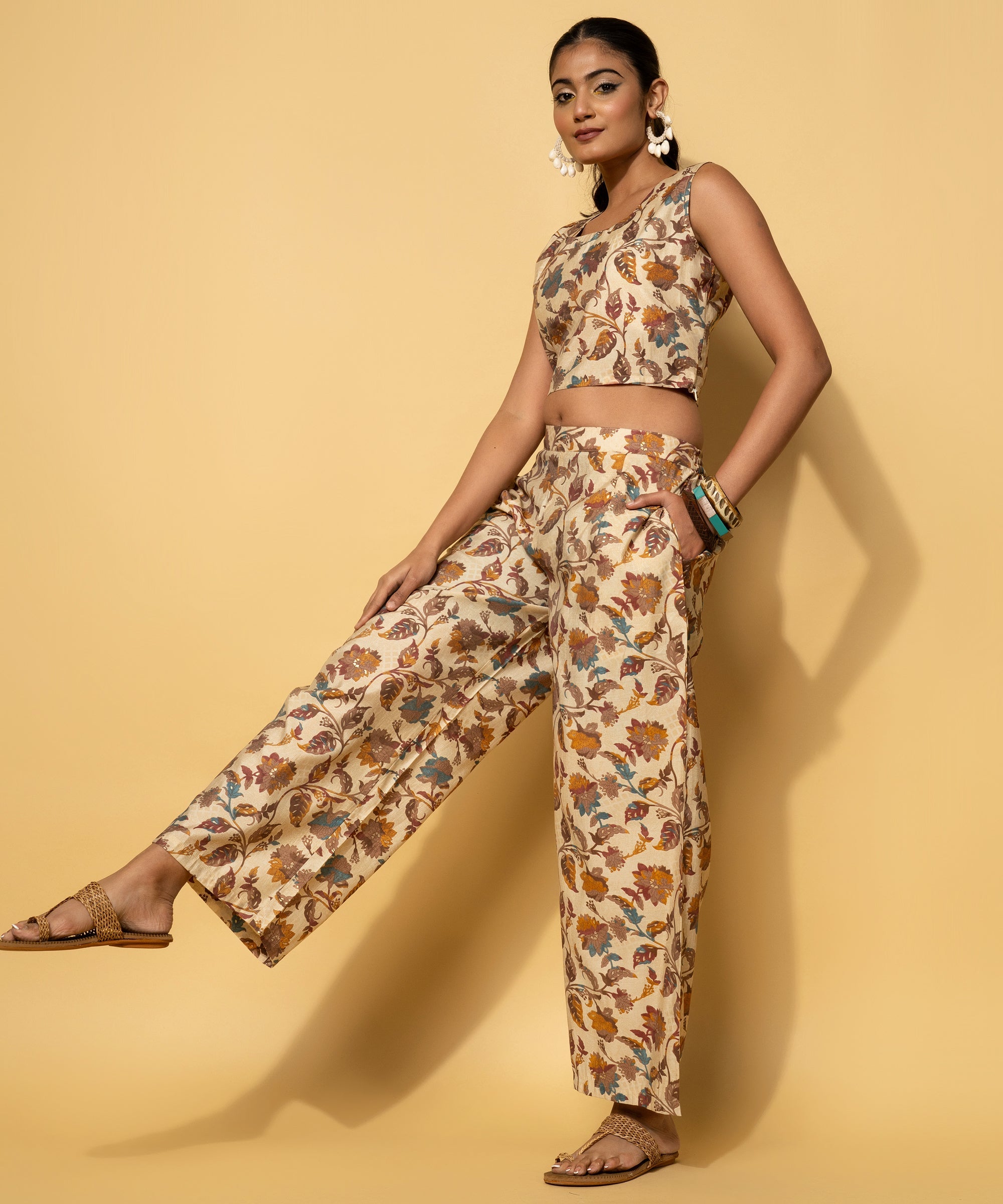 Beige Printed Silk Blend Co-Ords