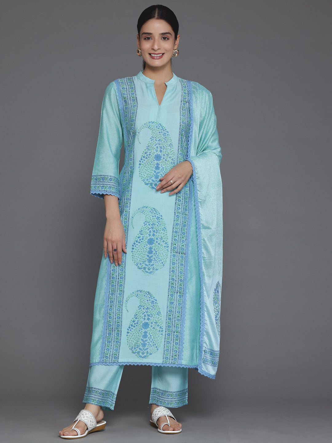 Blue Printed Silk Blend Straight Suit With Dupatta