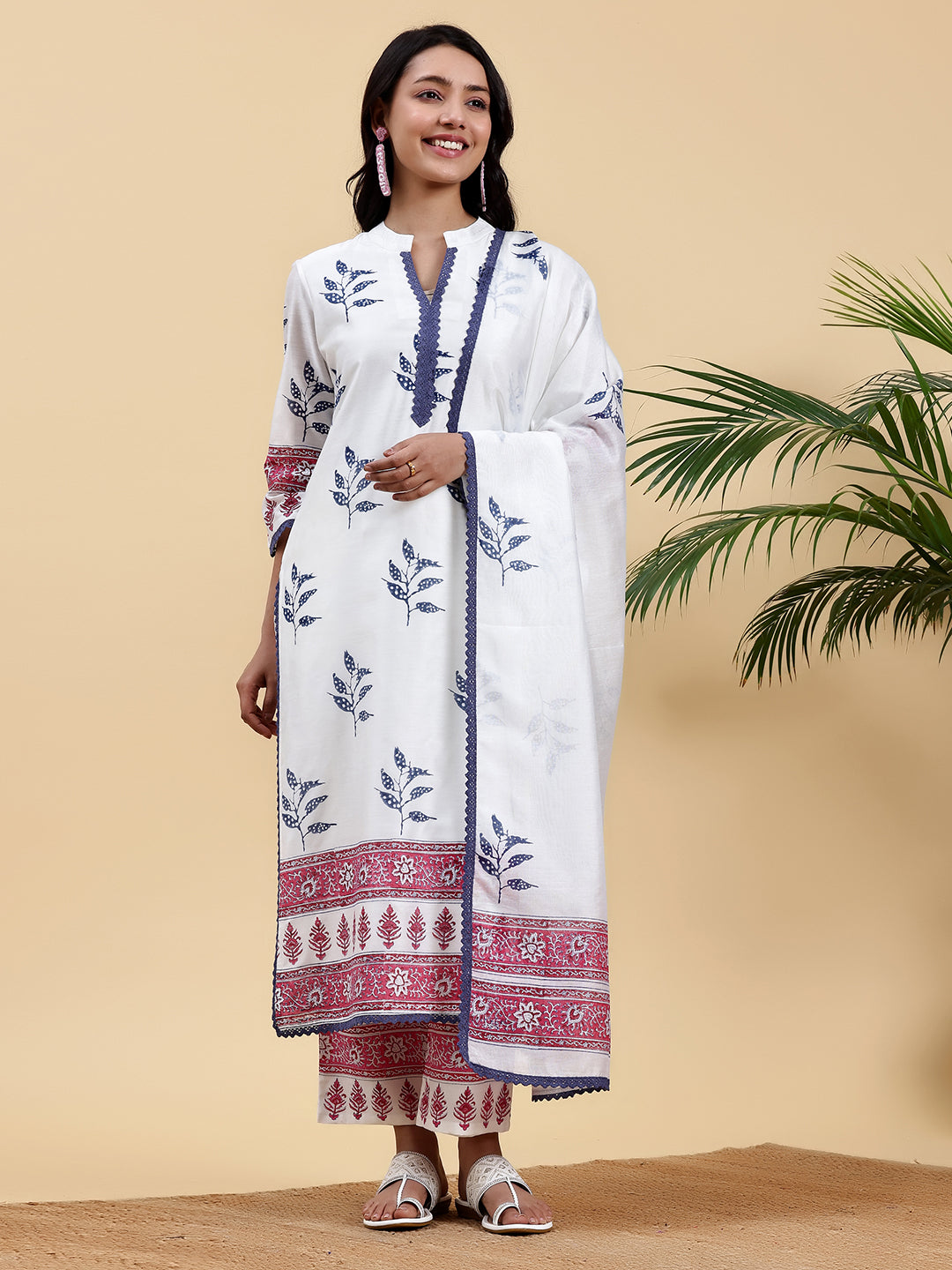 White Printed Chanderi Silk Straight Suit With Dupatta