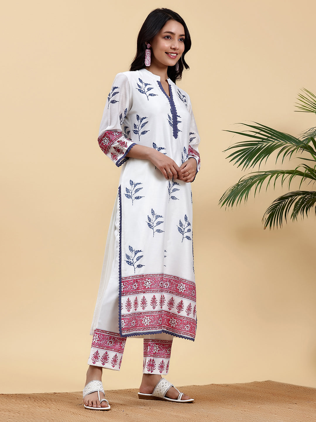 White Printed Chanderi Silk Straight Suit With Dupatta