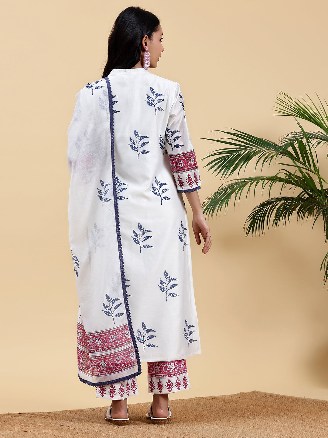 White Printed Chanderi Silk Straight Suit With Dupatta