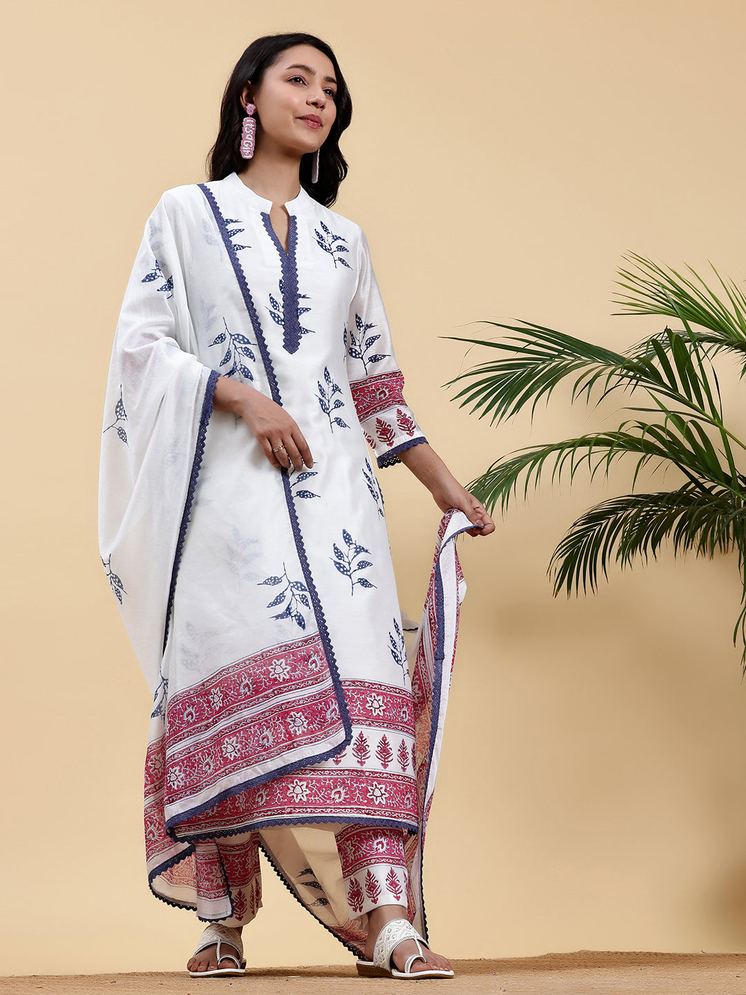 White Printed Chanderi Silk Straight Suit With Dupatta