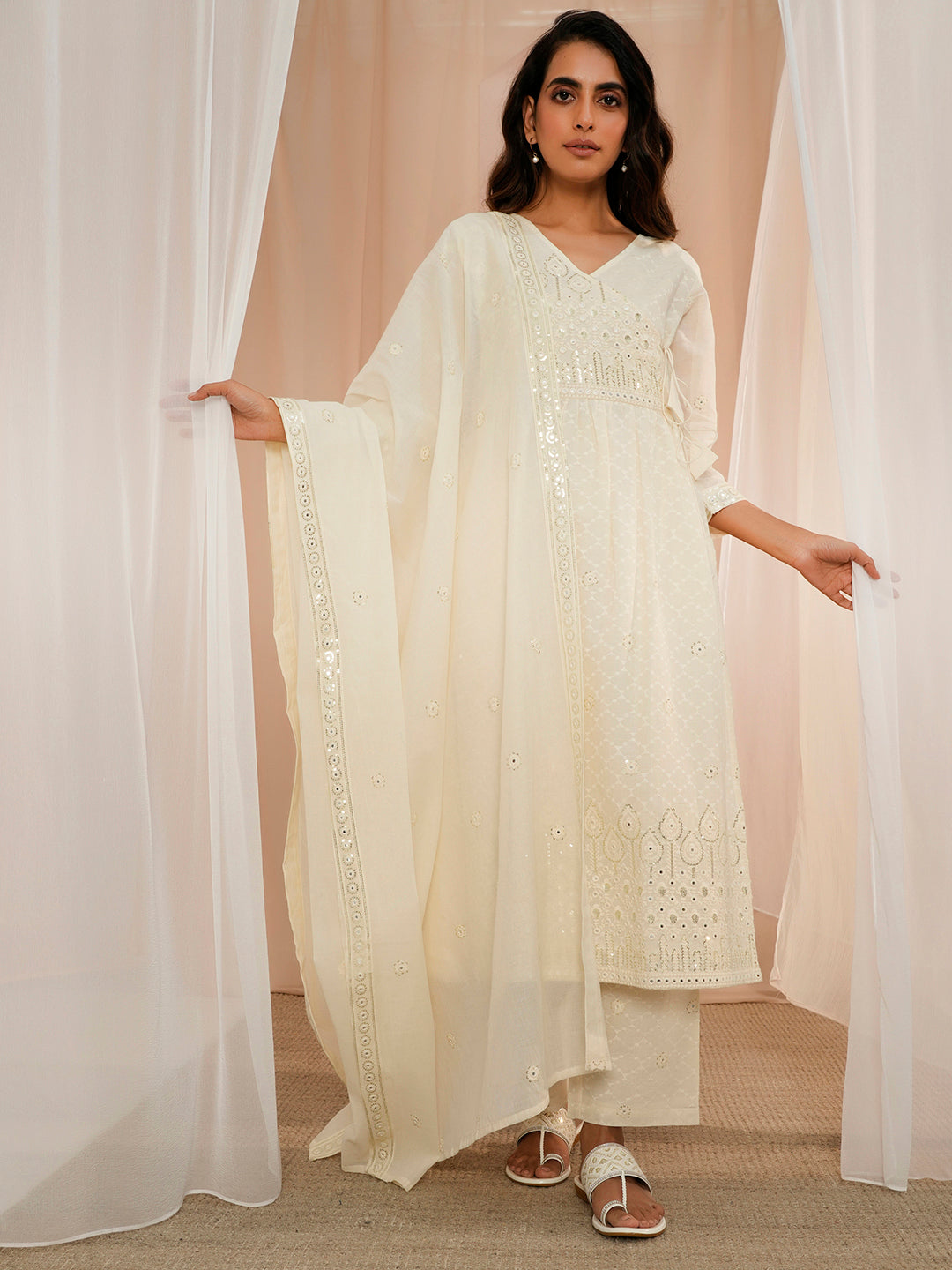 Off White Embroidered Cotton A-Line Kurta With Trousers & Dupatta