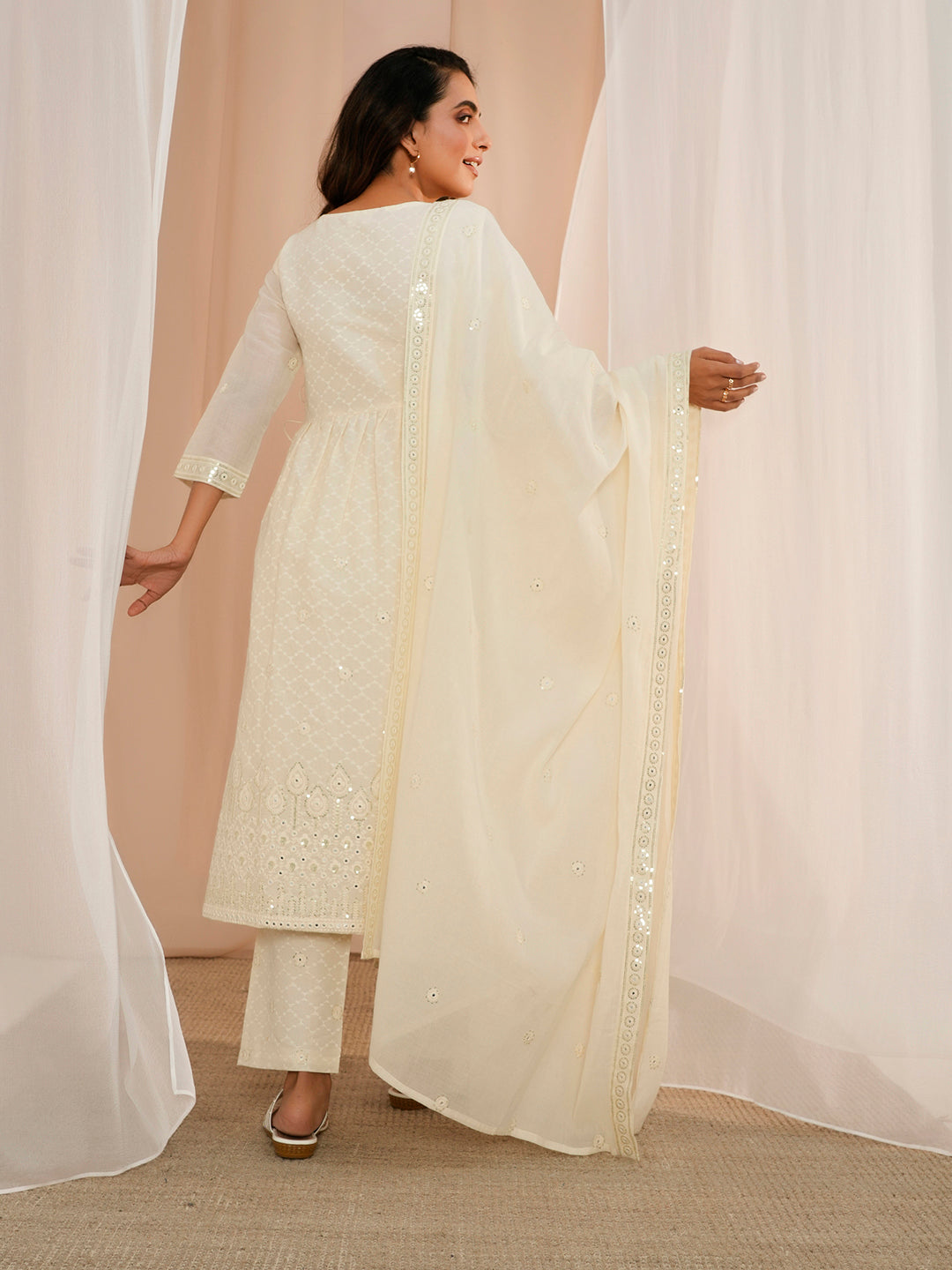 Off White Embroidered Cotton A-Line Kurta With Trousers & Dupatta