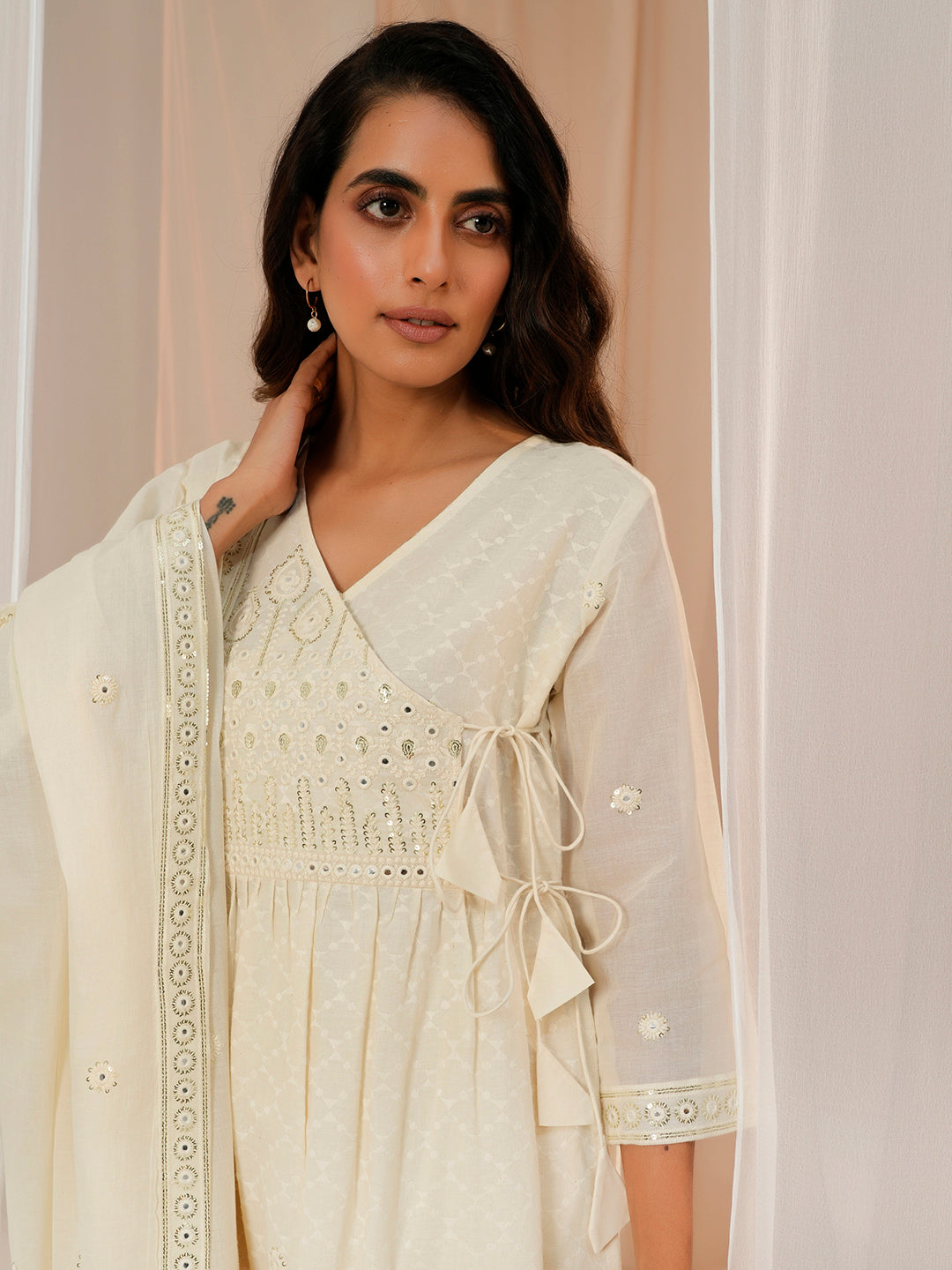 Off White Embroidered Cotton A-Line Kurta With Trousers & Dupatta