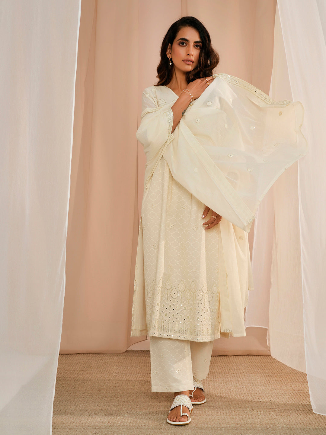 Off White Embroidered Cotton A-Line Kurta With Trousers & Dupatta