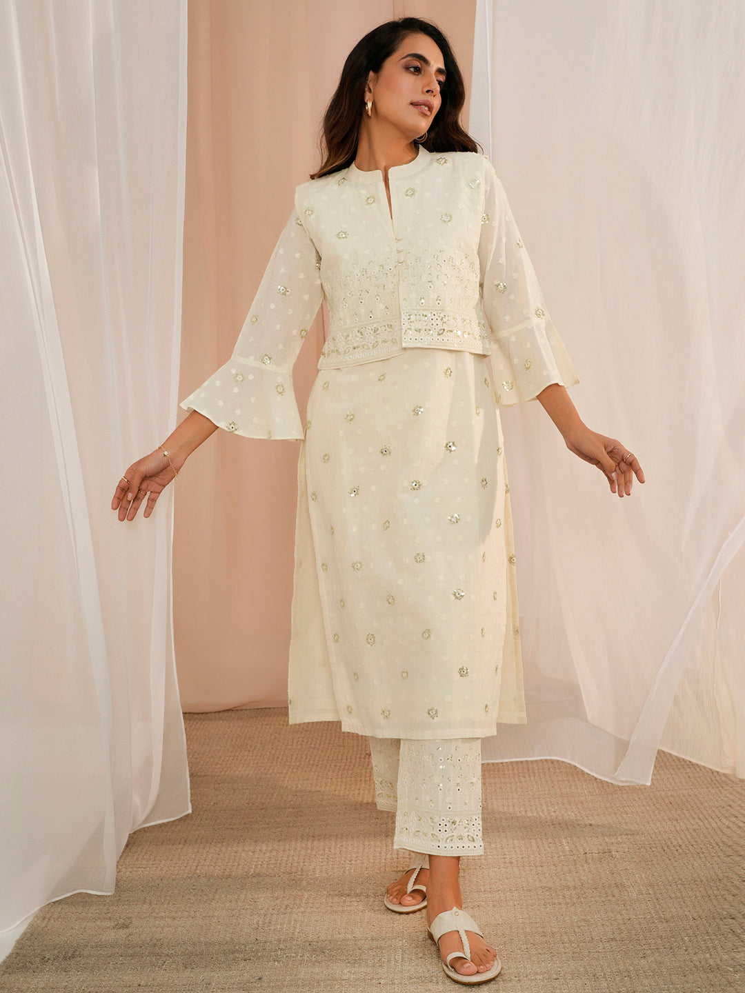 Off White Embroidered Cotton Straight Suit With Dupatta