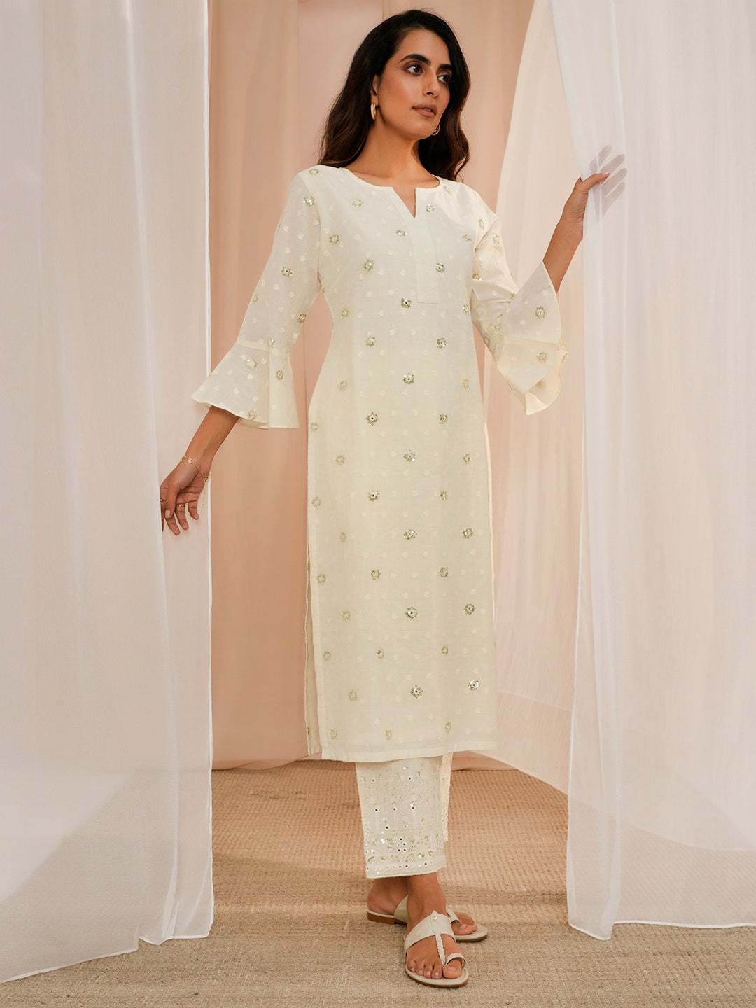 Off White Embroidered Cotton Straight Suit With Dupatta