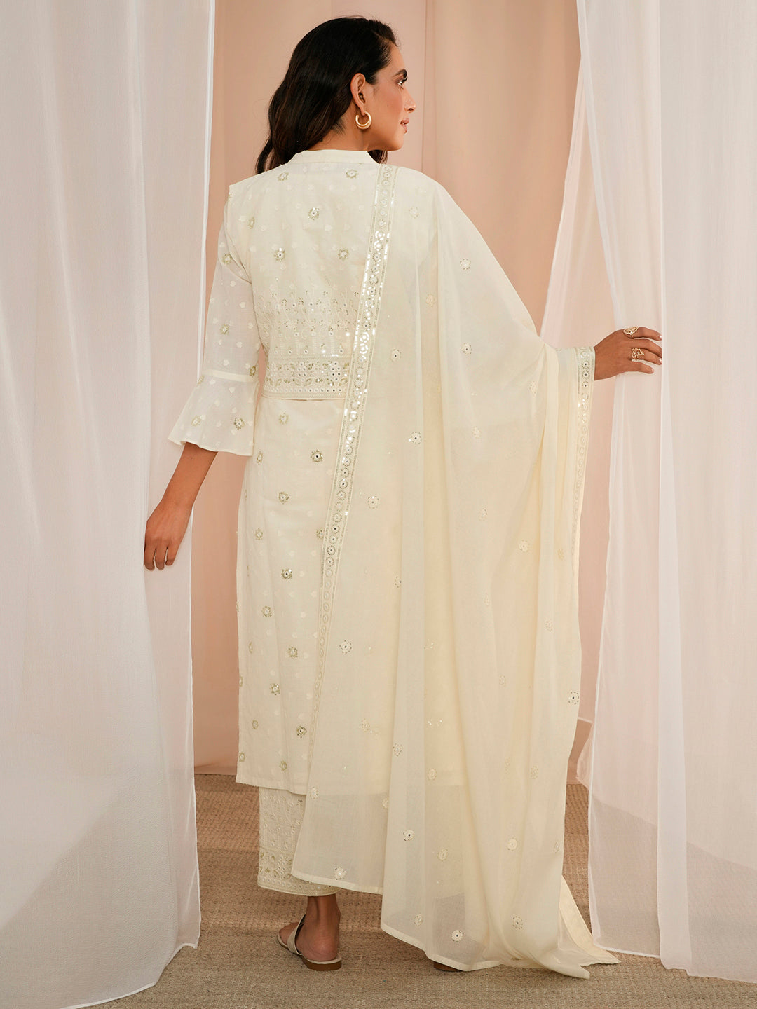 Off White Embroidered Cotton Straight Suit With Dupatta