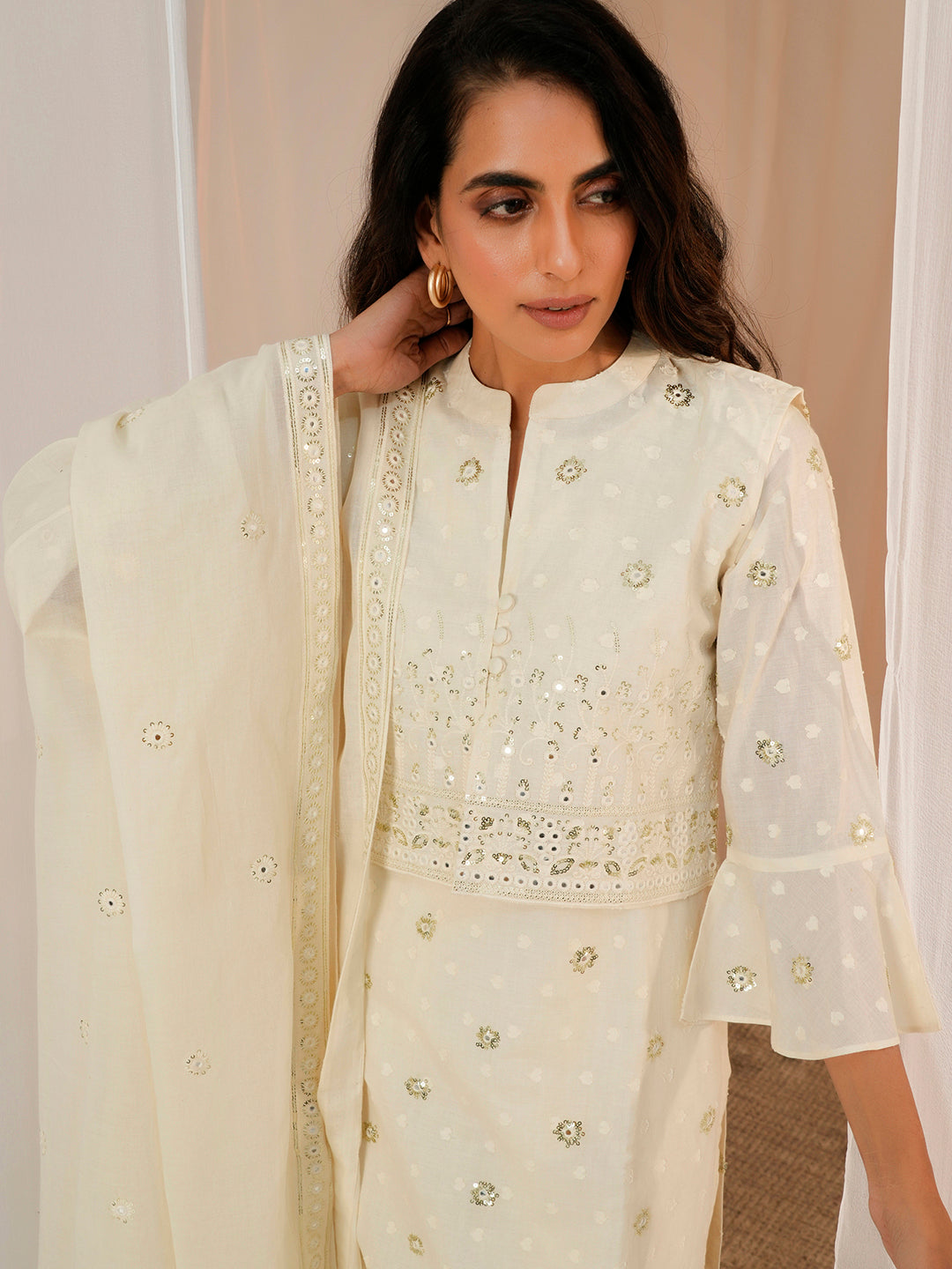 Off White Embroidered Cotton Straight Suit With Dupatta