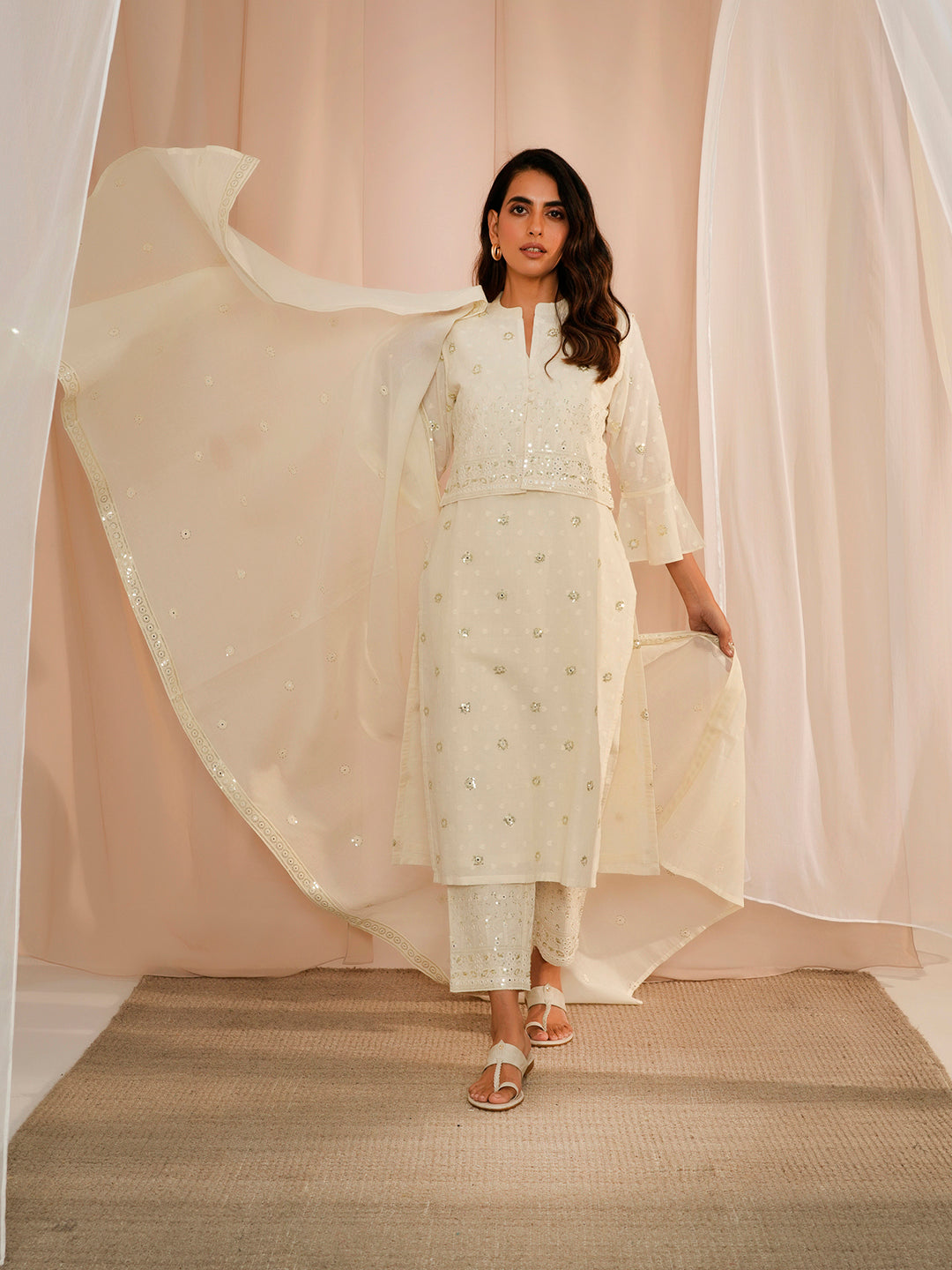 Off White Embroidered Cotton Straight Suit With Dupatta