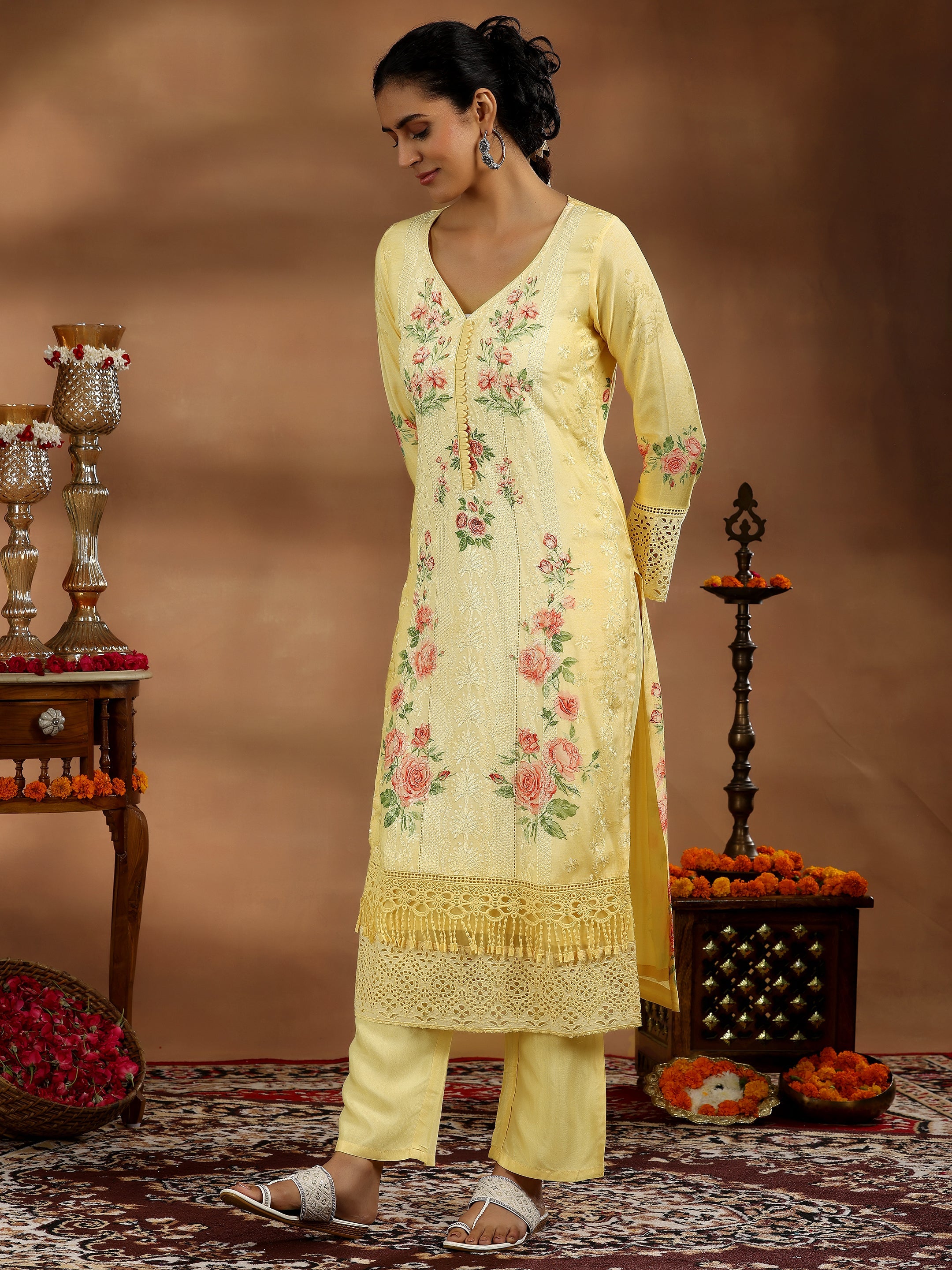 Yellow Printed Silk Blend Straight Suit With Dupatta