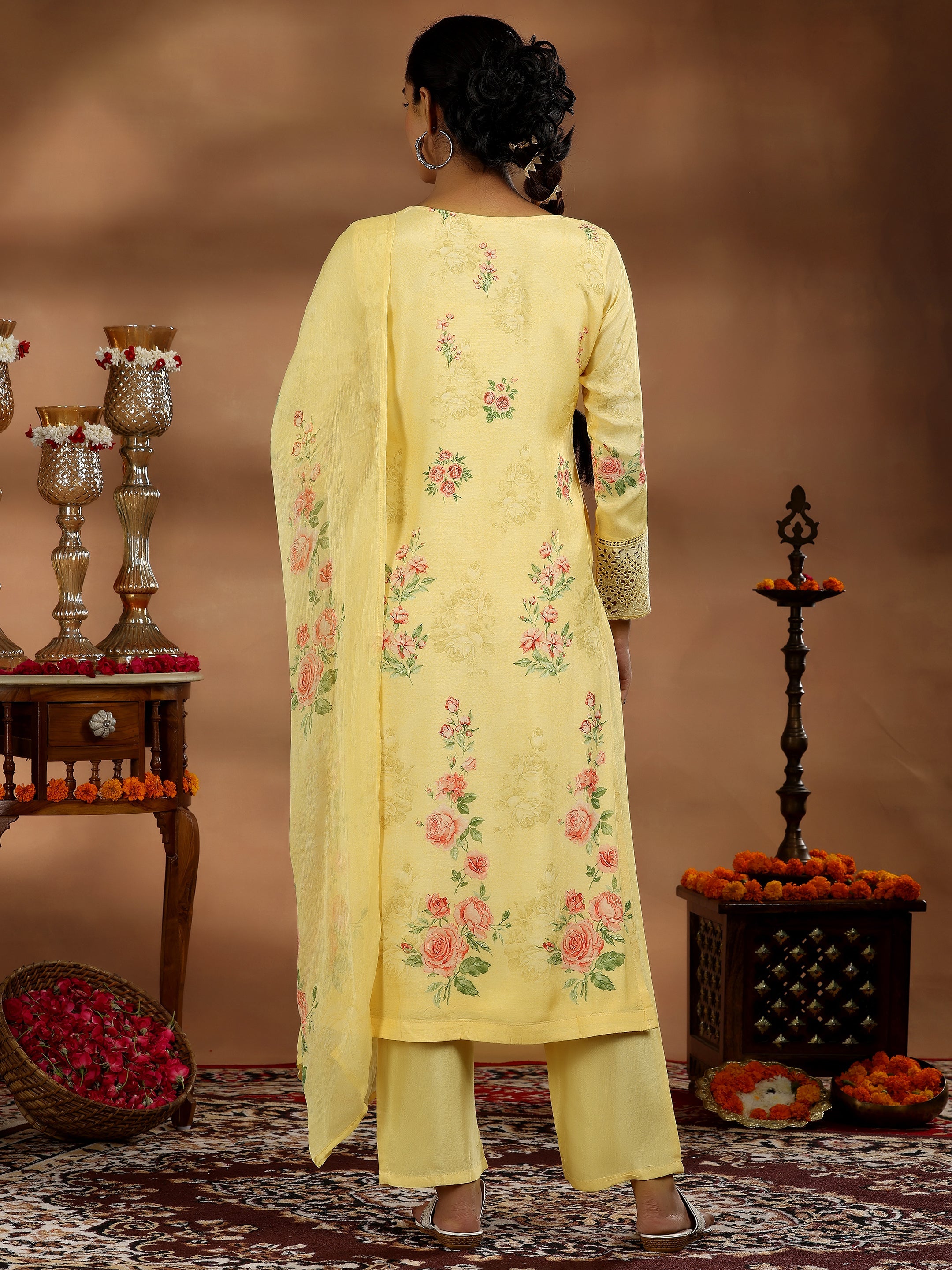 Yellow Printed Silk Blend Straight Suit With Dupatta