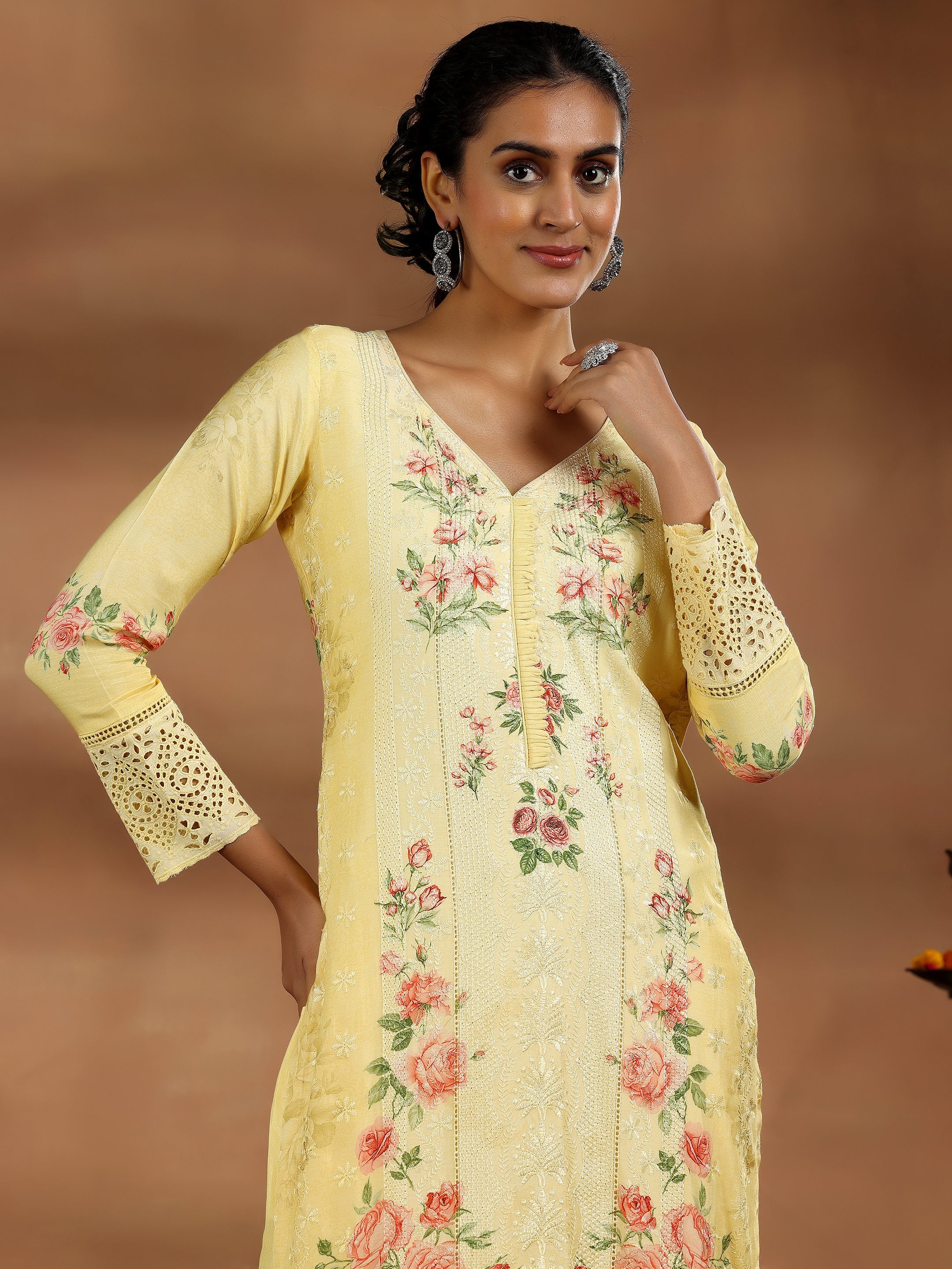 Yellow Printed Silk Blend Straight Suit With Dupatta