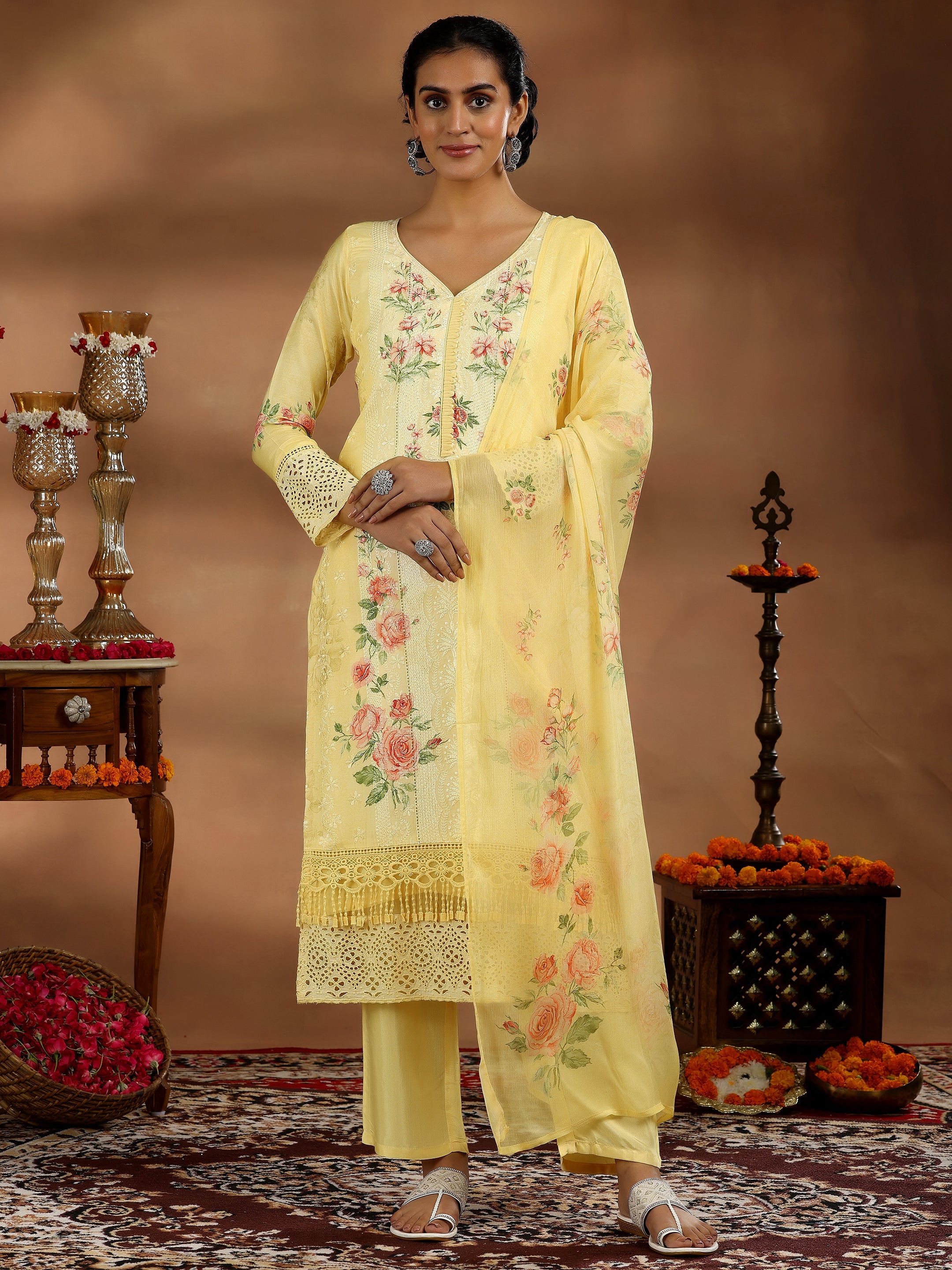 Yellow Printed Silk Blend Straight Suit With Dupatta