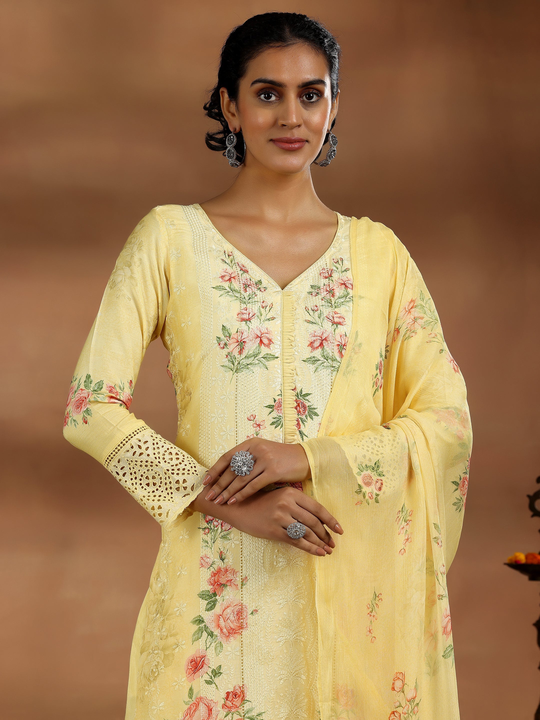 Yellow Printed Silk Blend Straight Suit With Dupatta