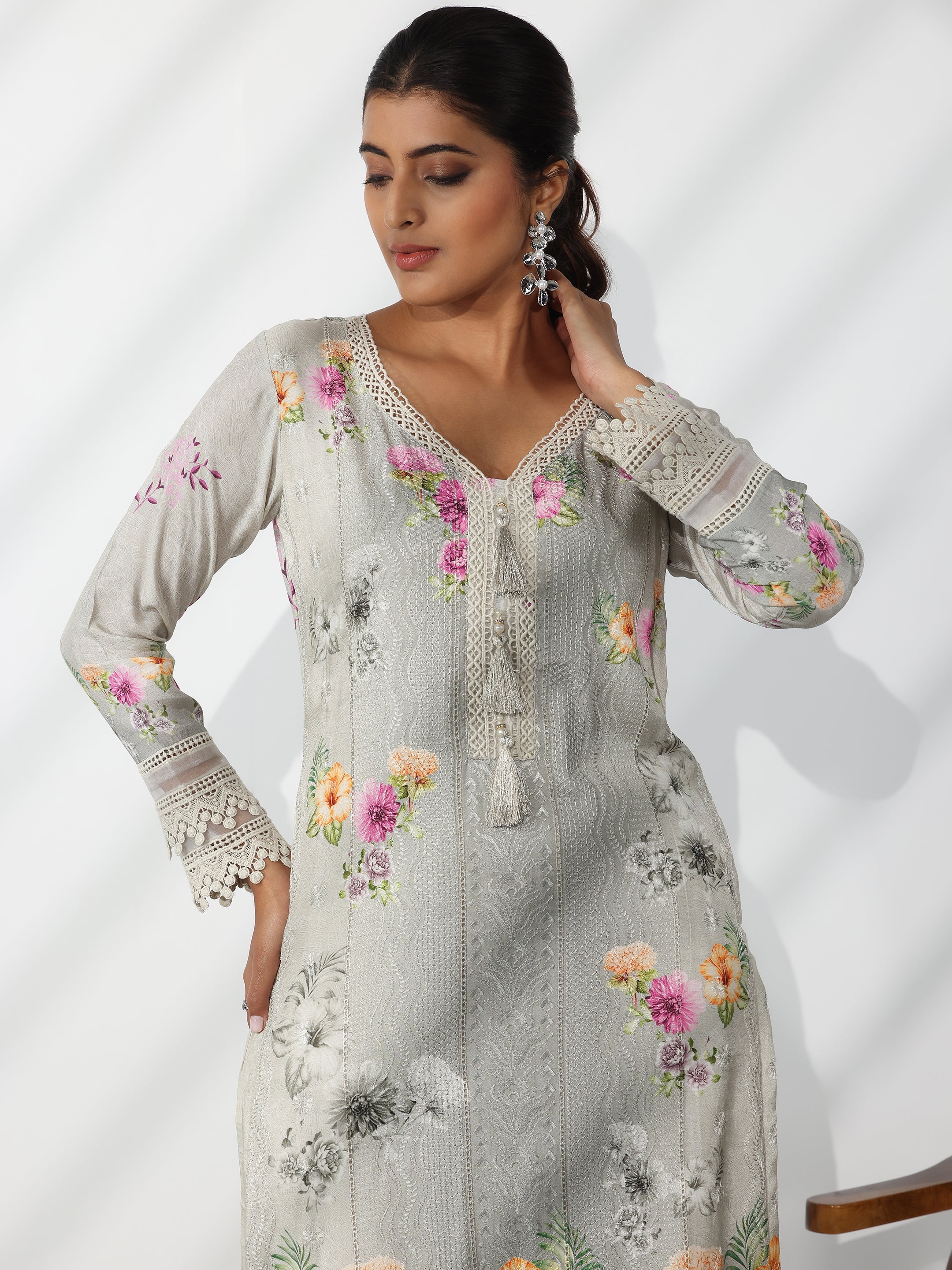 Grey Printed Silk Blend Straight Suit With Dupatta