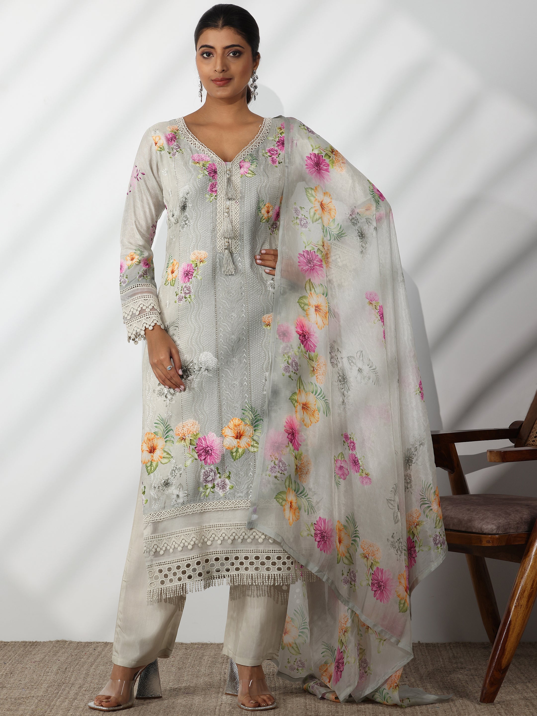 Grey Printed Silk Blend Straight Suit With Dupatta