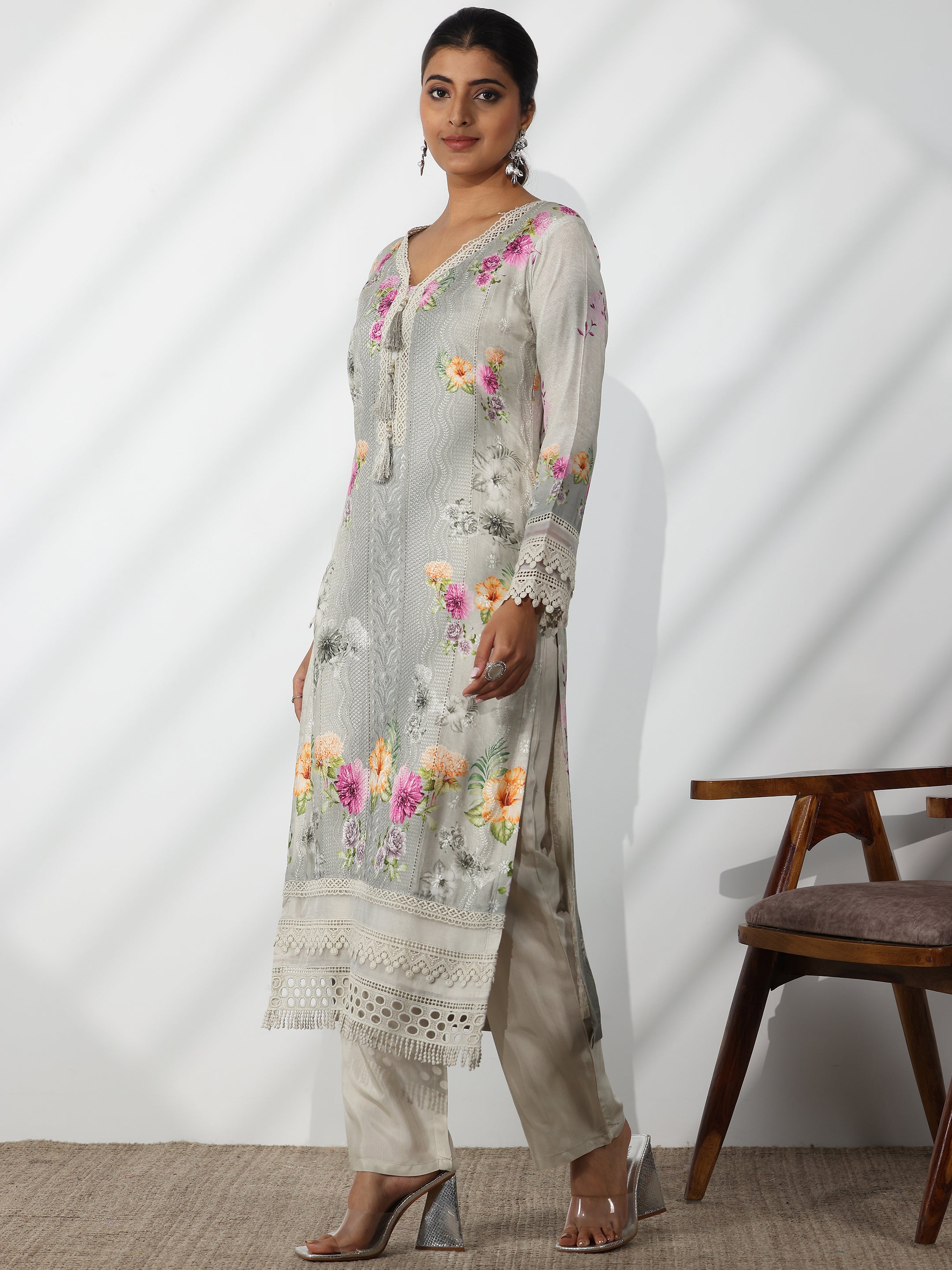 Grey Printed Silk Blend Straight Suit With Dupatta